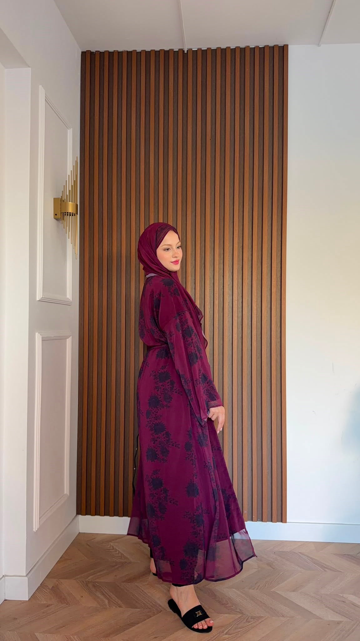 MEYSADESIGN ELBİSELER Bordo Siyah Çiçekli Şallı Abaya Takımı