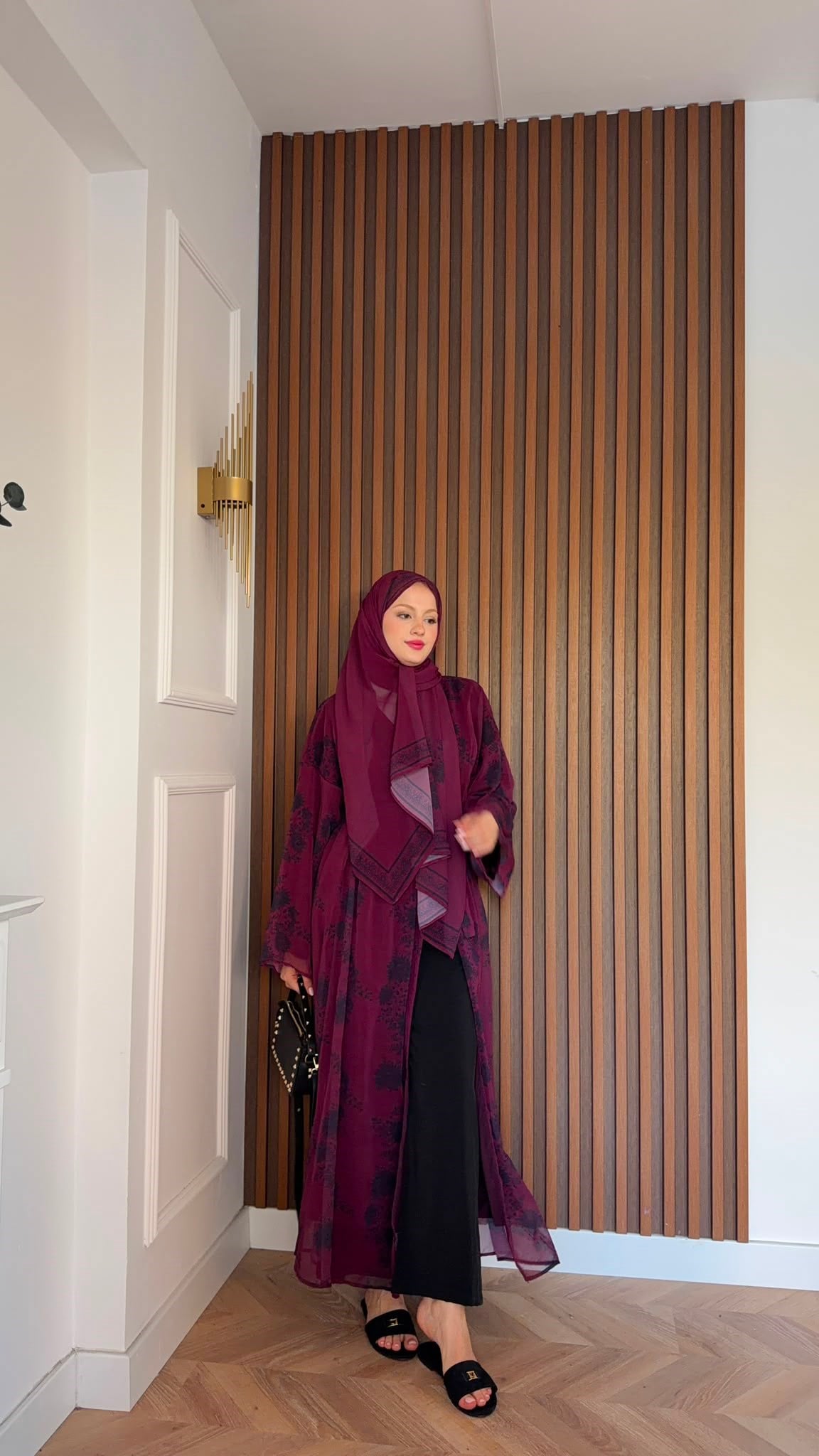 MEYSADESIGN ELBİSELER Bordo Siyah Çiçekli Şallı Abaya Takımı