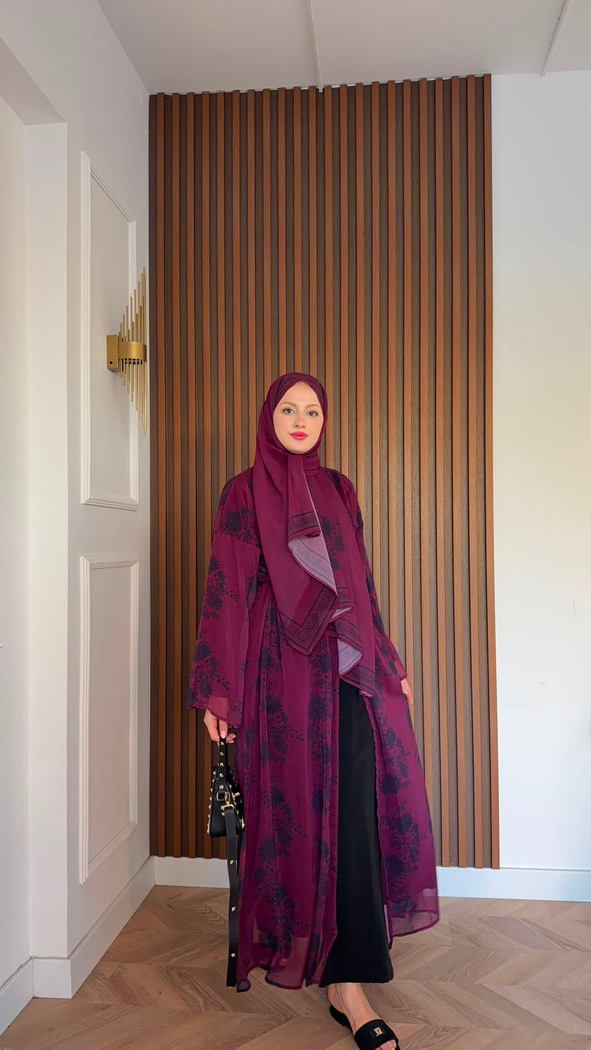 MEYSADESIGN ELBİSELER Bordo Siyah Çiçekli Şallı Abaya Takımı