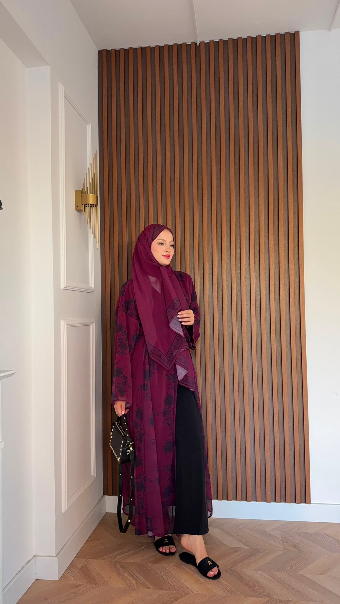 MEYSADESIGN ELBİSELER Bordo Siyah Çiçekli Şallı Abaya Takımı