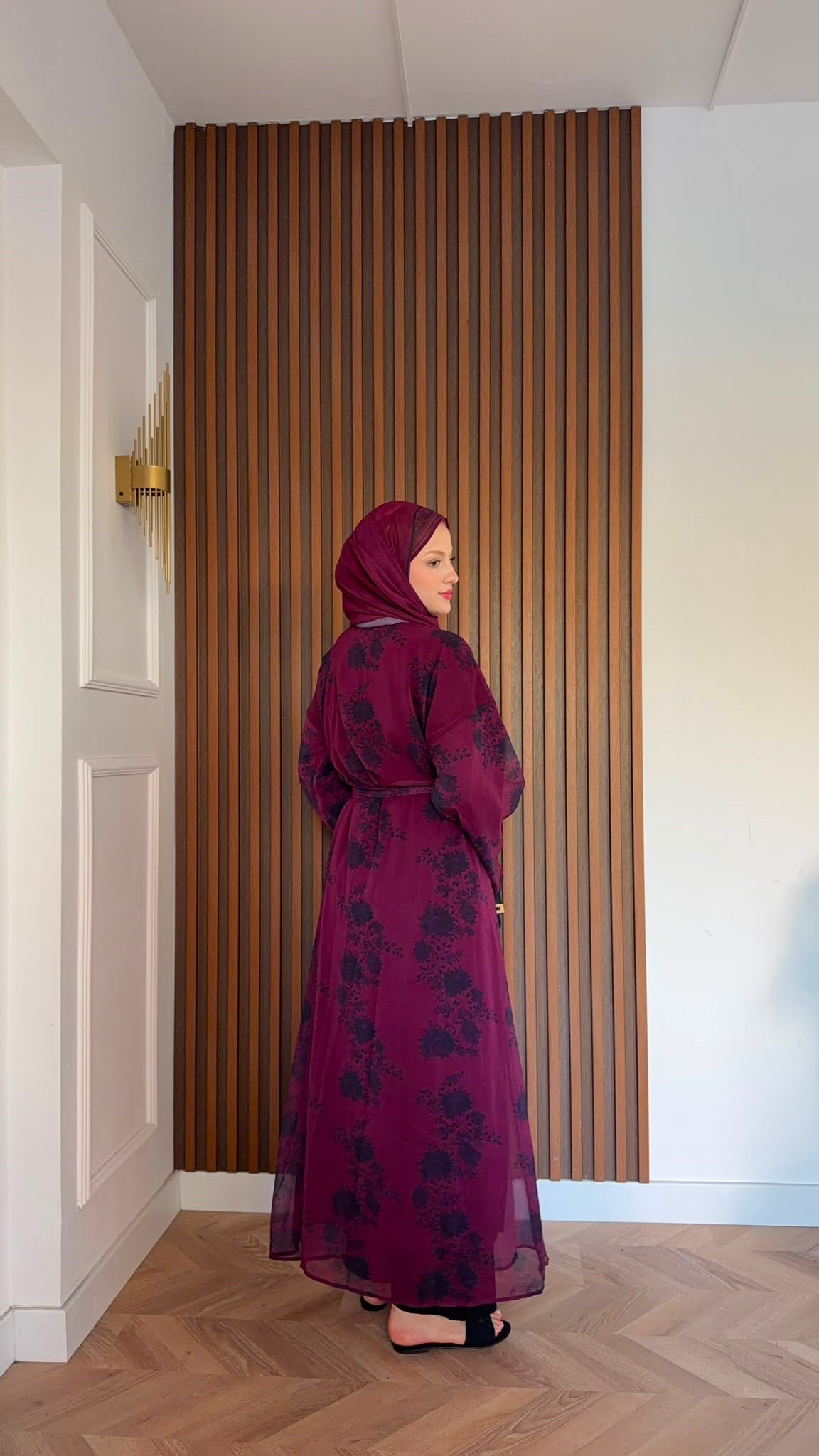 MEYSADESIGN ELBİSELER Bordo Siyah Çiçekli Şallı Abaya Takımı