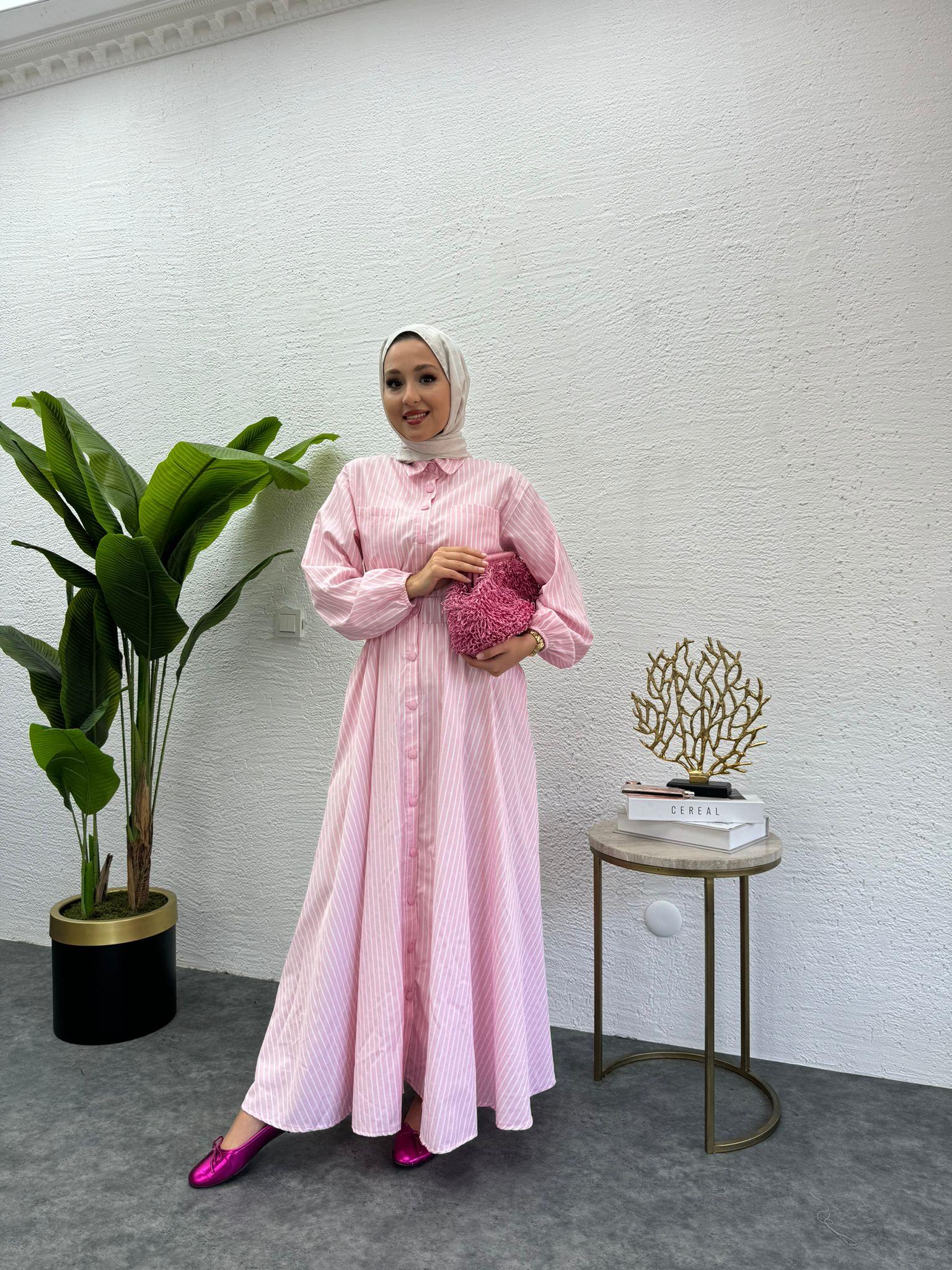 MEYSADESIGN ELBİSELER Çizgili Muadil Elbise Pembe