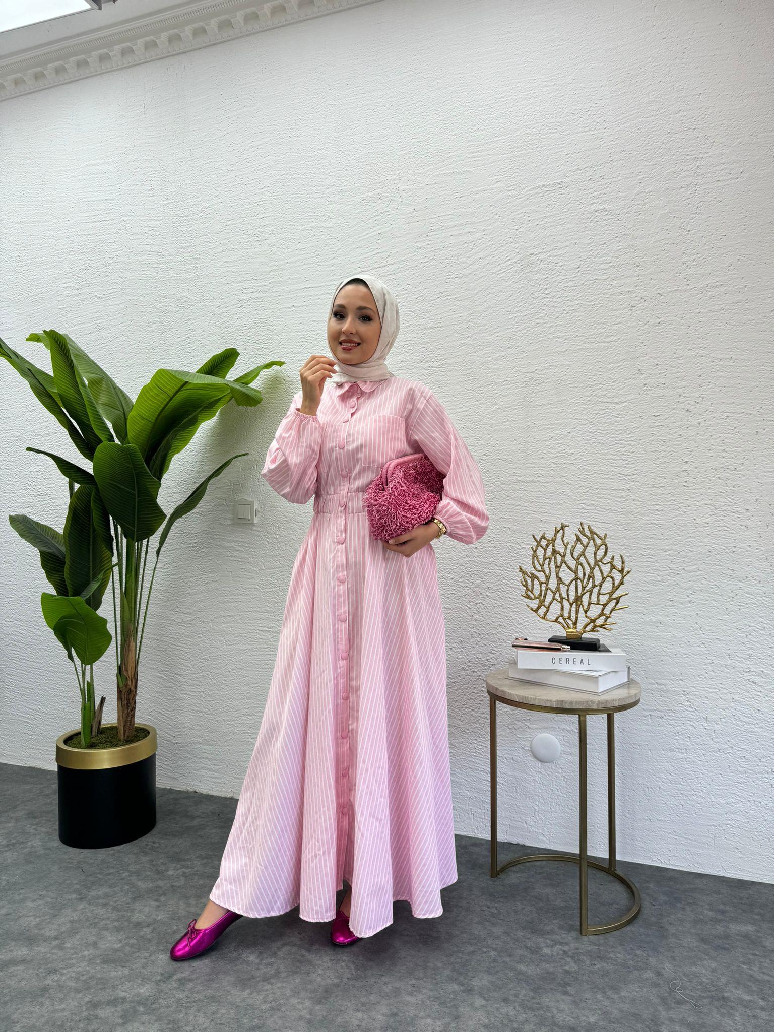 MEYSADESIGN ELBİSELER Çizgili Muadil Elbise Pembe