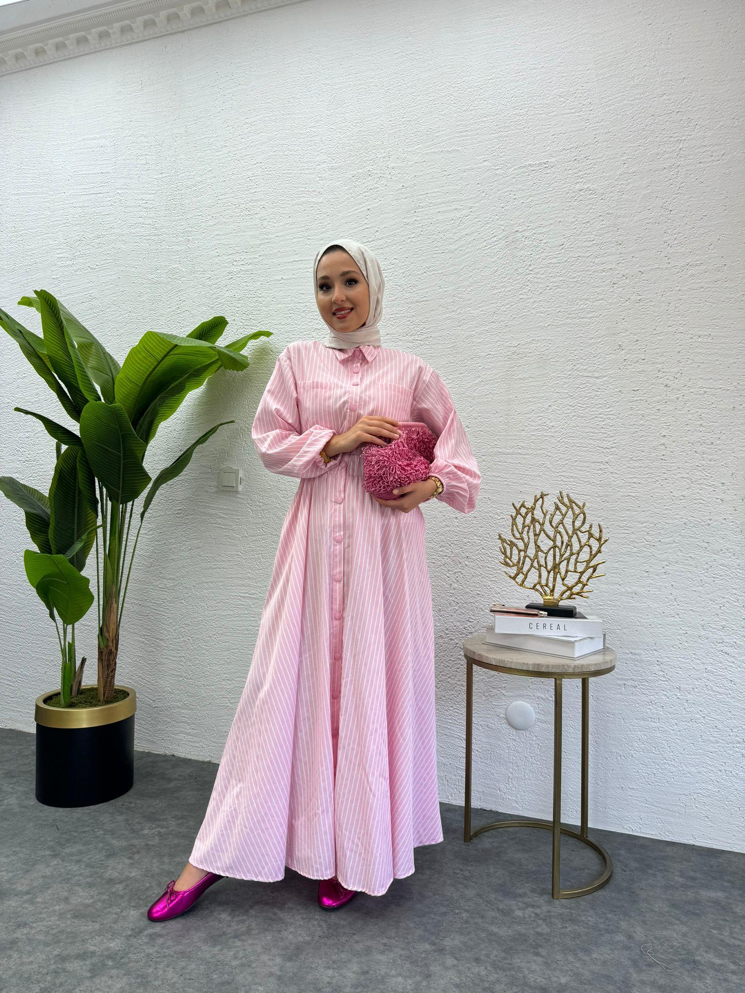 MEYSADESIGN ELBİSELER Çizgili Muadil Elbise Pembe