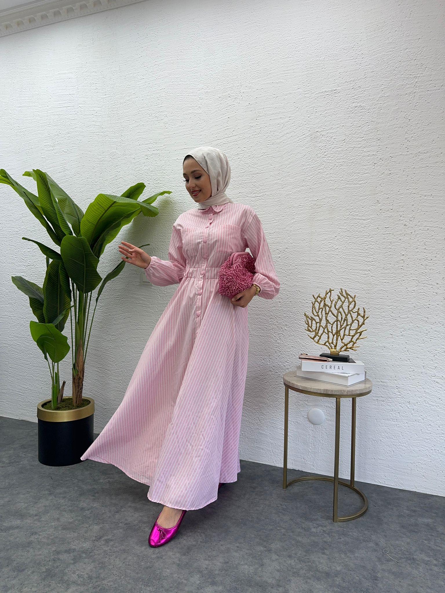 MEYSADESIGN ELBİSELER Çizgili Muadil Elbise Pembe