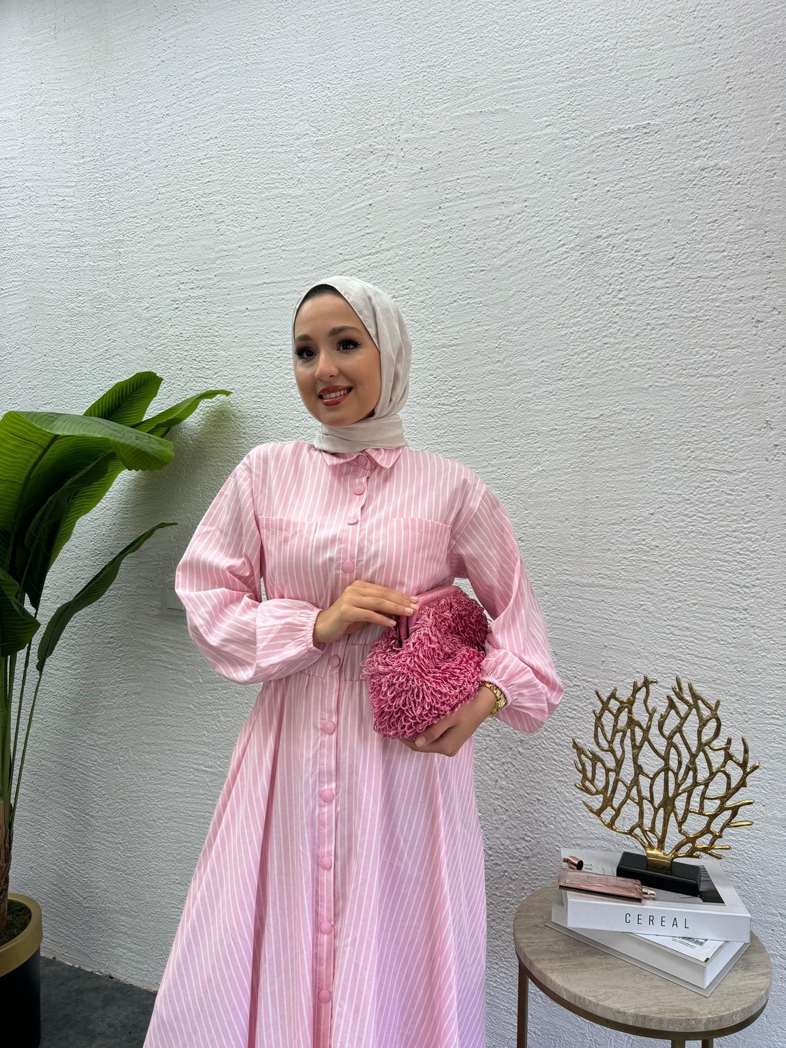 MEYSADESIGN ELBİSELER Çizgili Muadil Elbise Pembe
