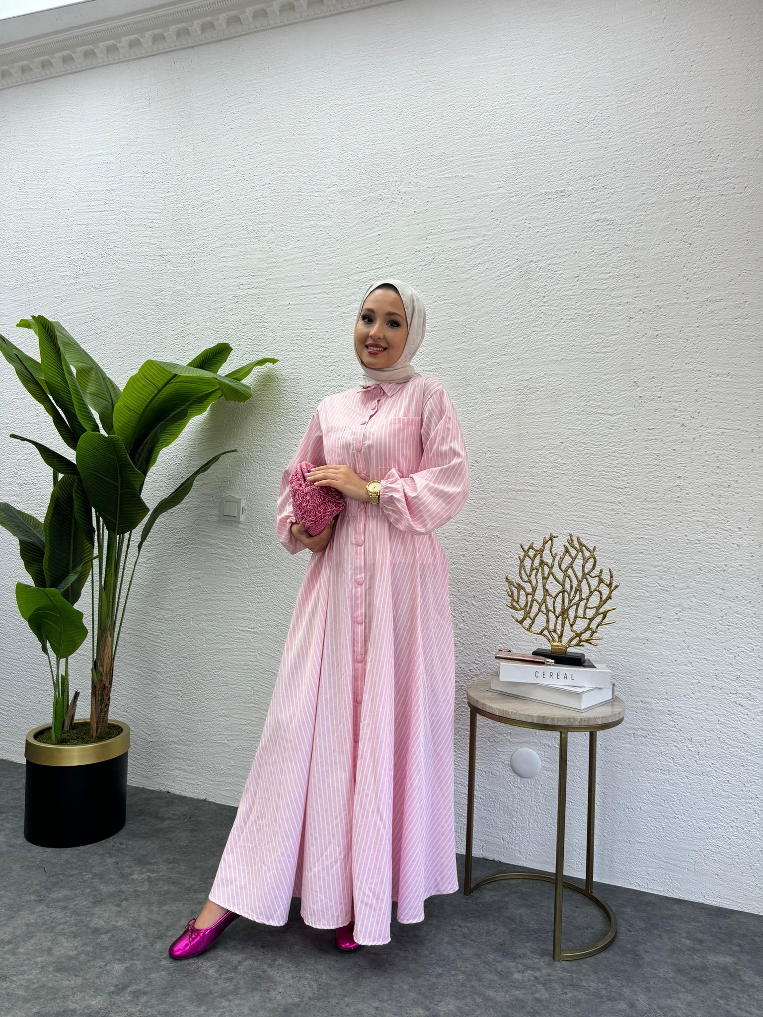 MEYSADESIGN ELBİSELER Çizgili Muadil Elbise Pembe