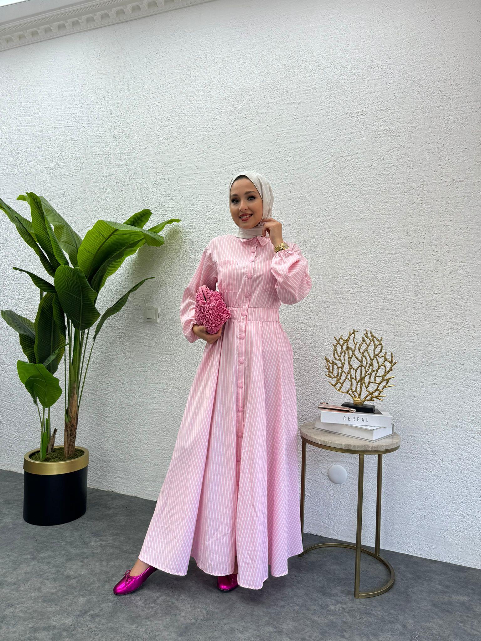 MEYSADESIGN ELBİSELER Çizgili Muadil Elbise Pembe