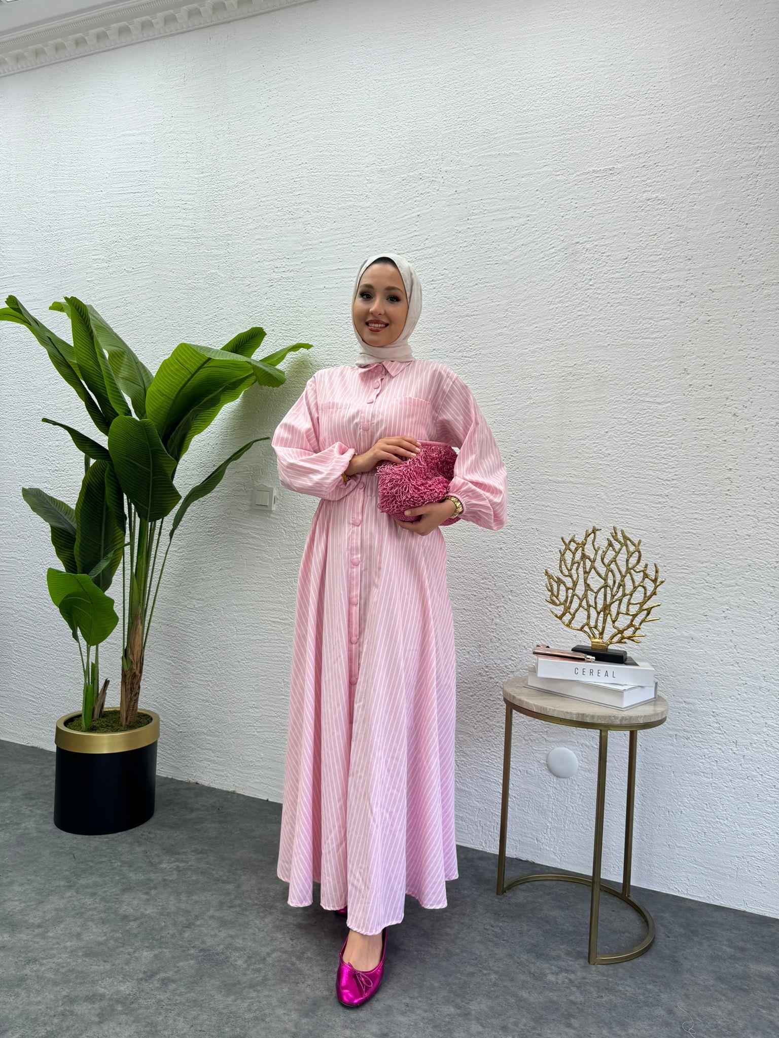 MEYSADESIGN ELBİSELER Çizgili Muadil Elbise Pembe