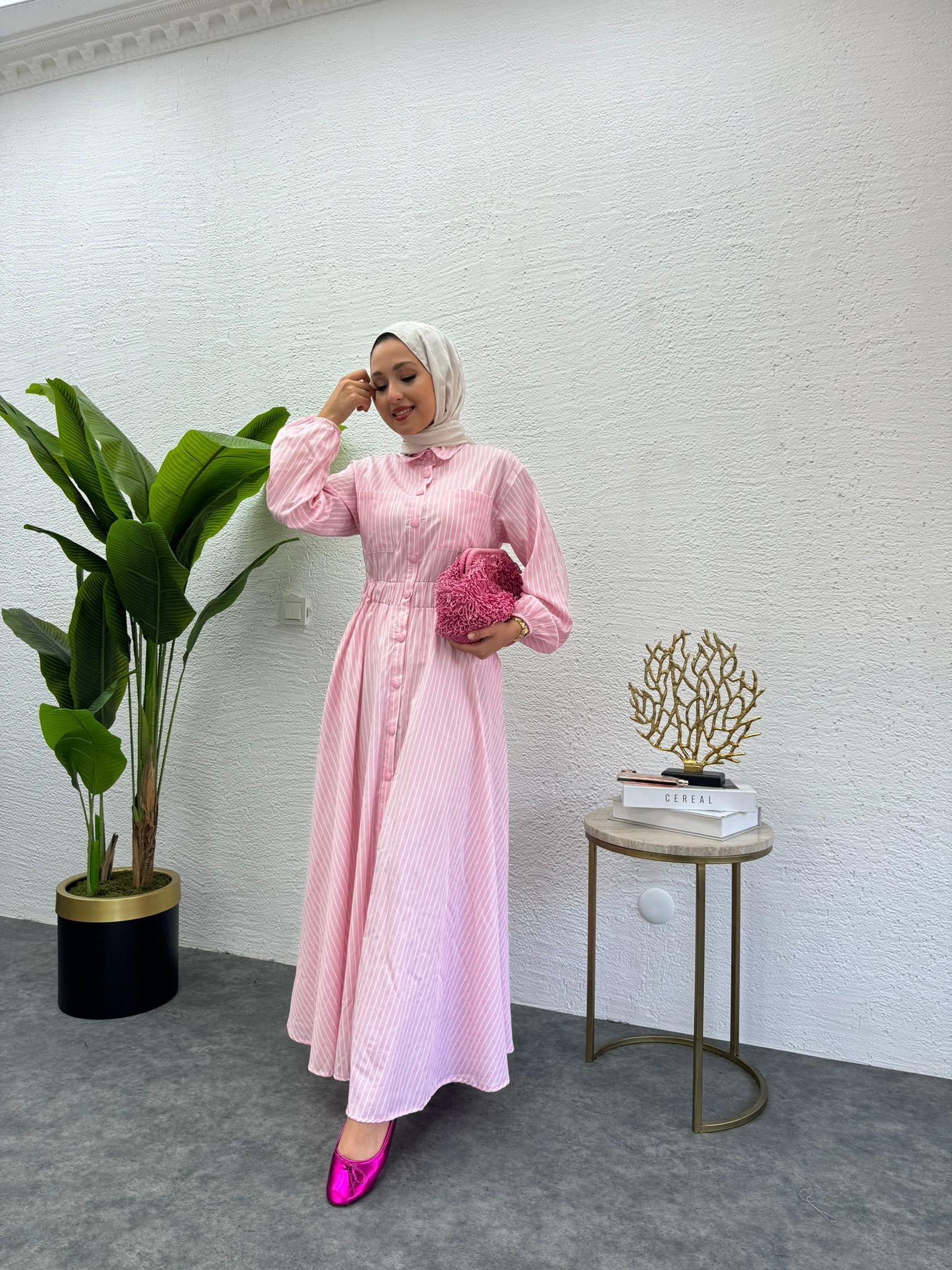 MEYSADESIGN ELBİSELER Çizgili Muadil Elbise Pembe