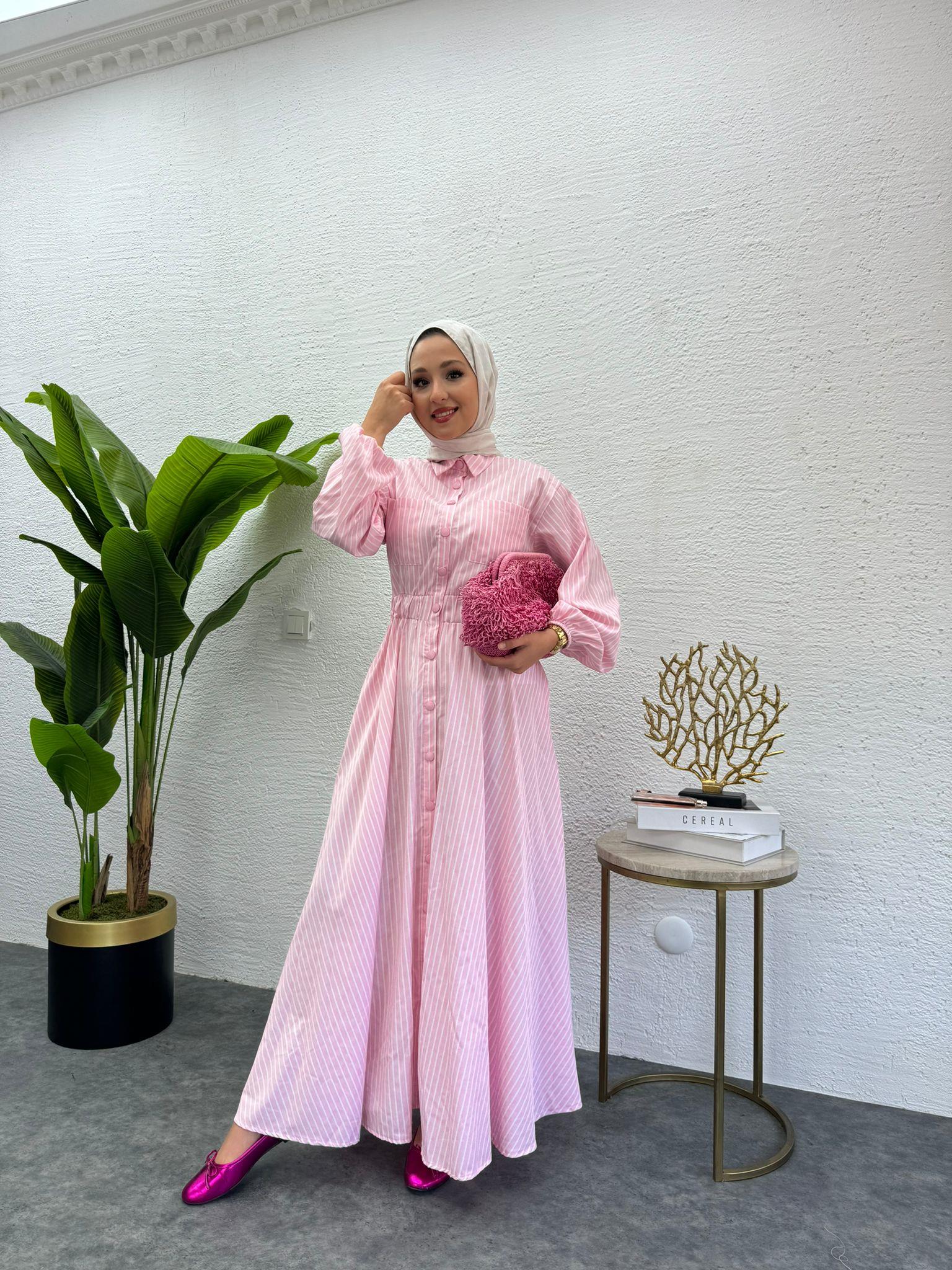 MEYSADESIGN ELBİSELER Çizgili Muadil Elbise Pembe