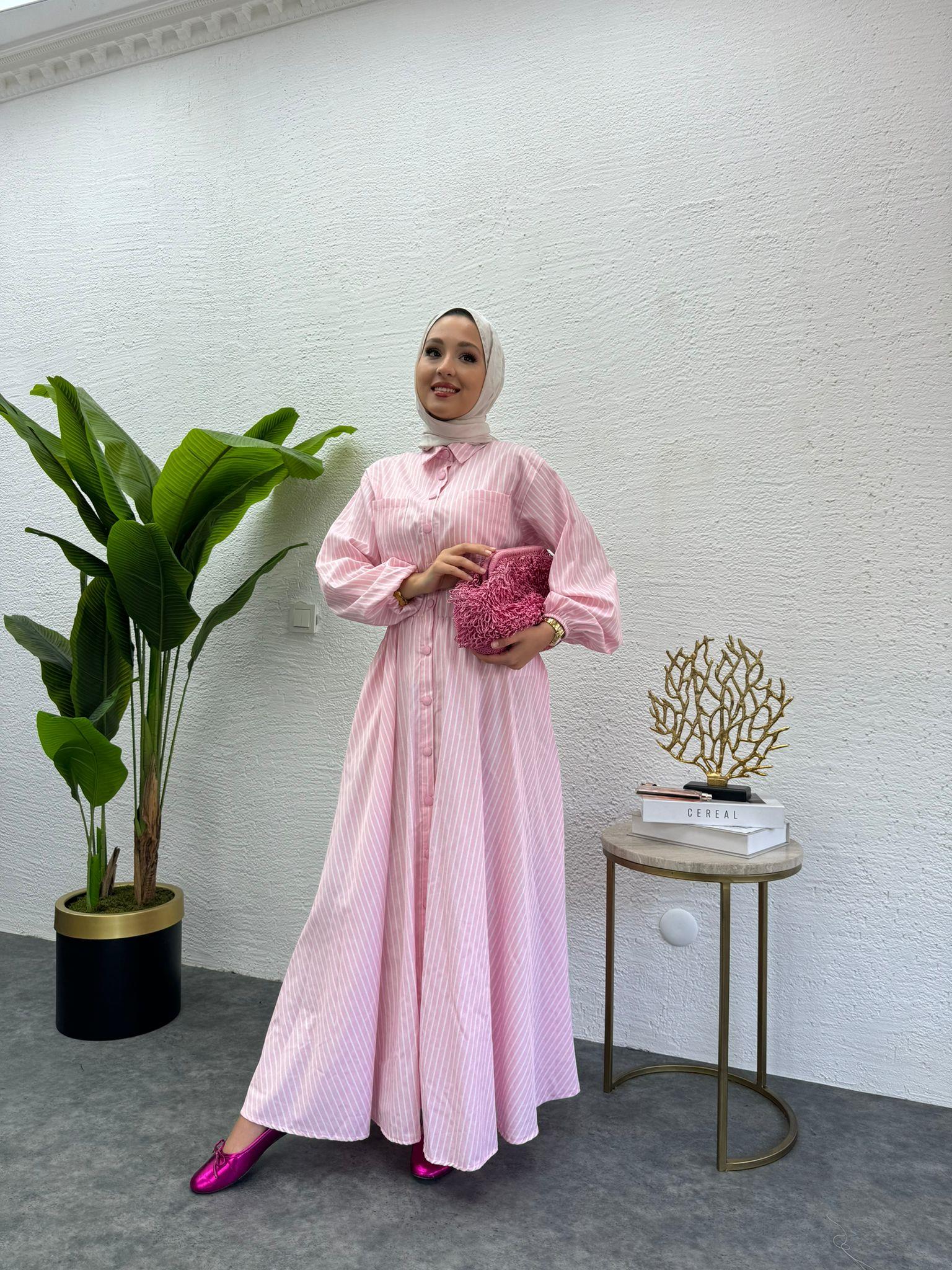 MEYSADESIGN ELBİSELER Çizgili Muadil Elbise Pembe