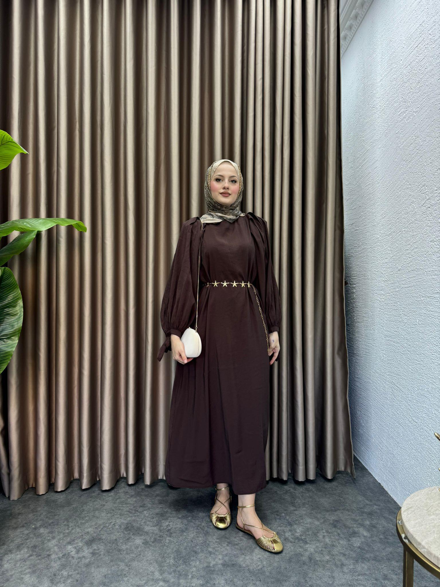 MEYSADESIGN ELBİSELER Deniz Yıldızı Kemerli Tensel Elbise Acı Kahve