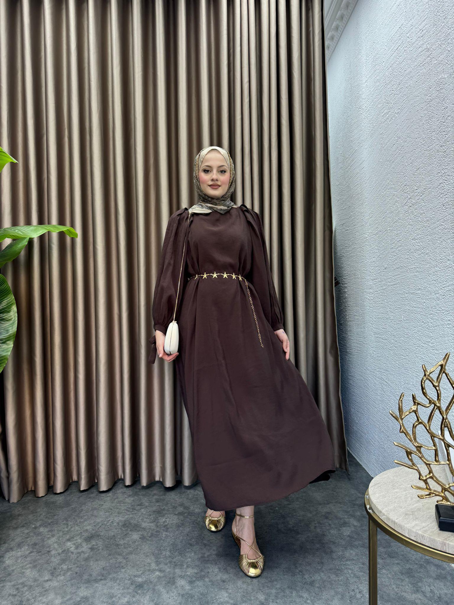MEYSADESIGN ELBİSELER Deniz Yıldızı Kemerli Tensel Elbise Acı Kahve