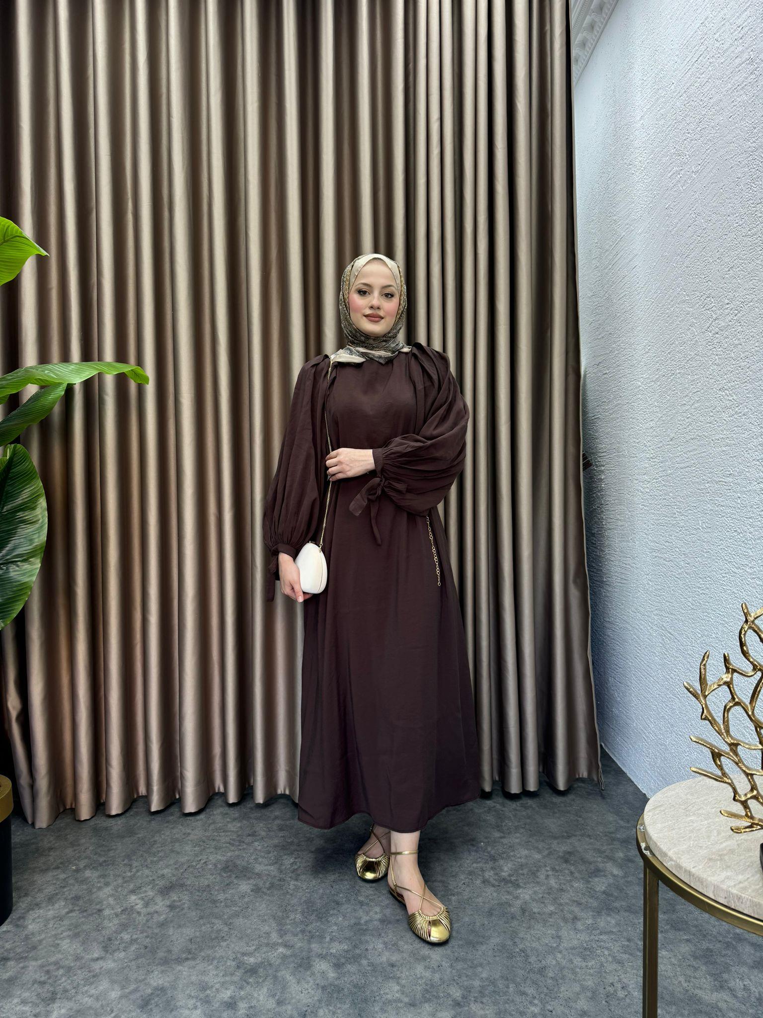MEYSADESIGN ELBİSELER Deniz Yıldızı Kemerli Tensel Elbise Acı Kahve