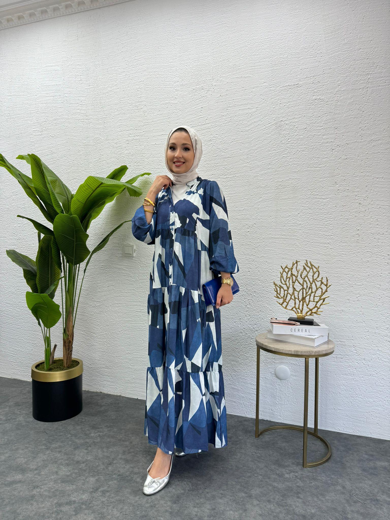 MEYSADESIGN ELBİSELER Desenli Viskon Elbise Mavi