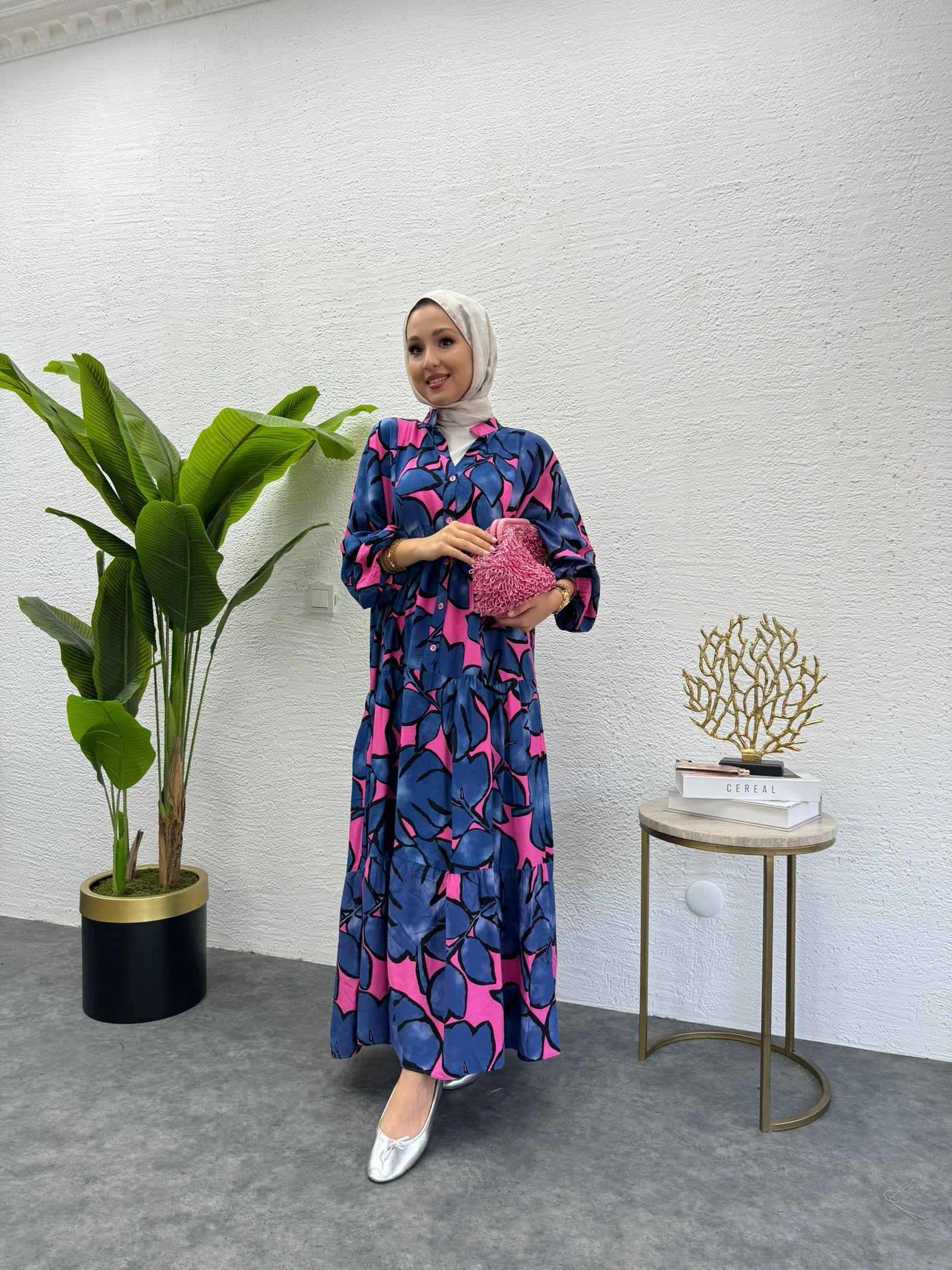 MEYSADESIGN ELBİSELER Desenli Viskon Elbise Turuncu