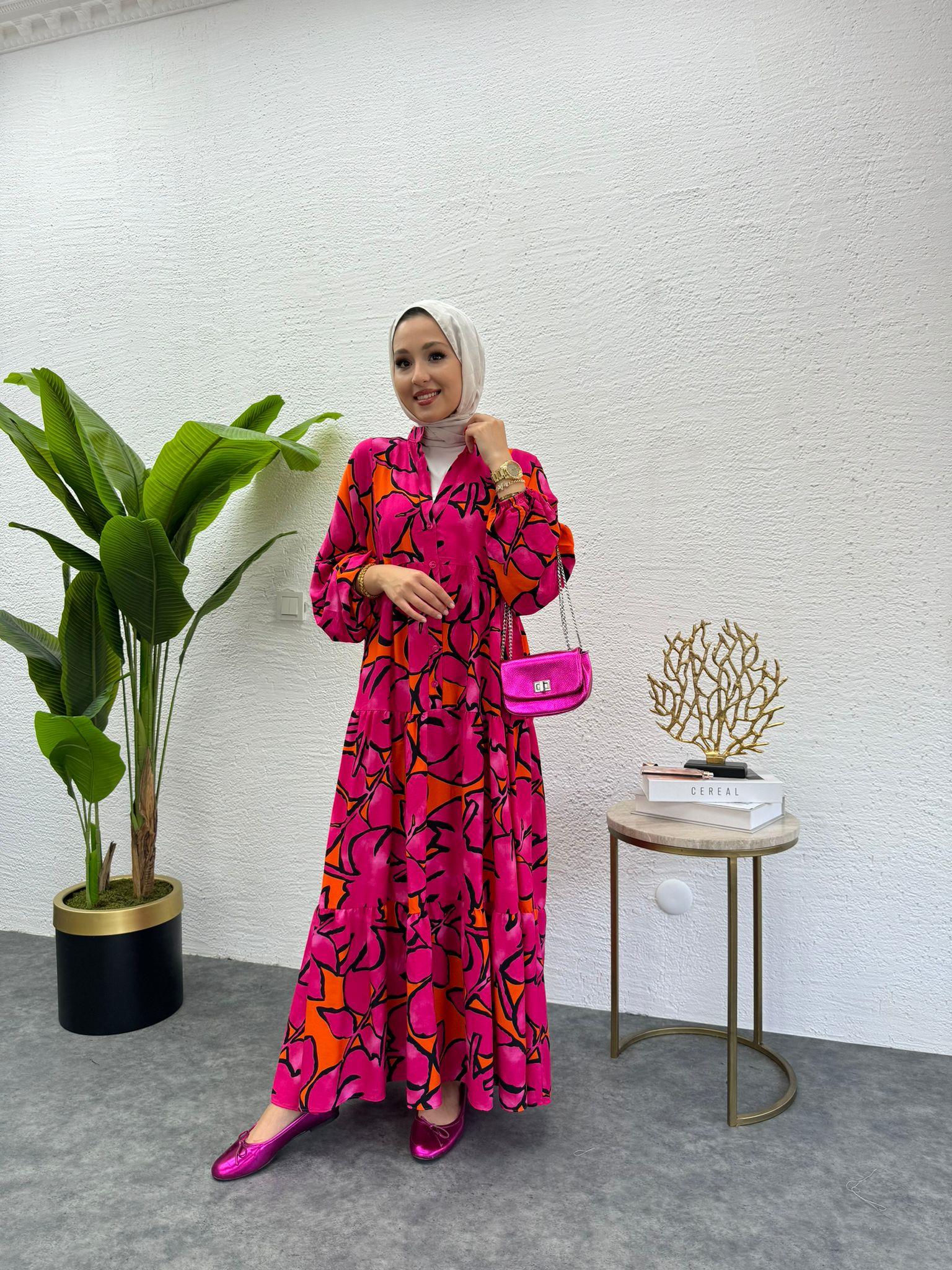MEYSADESIGN ELBİSELER Desenli Viskon Elbise Fuşya