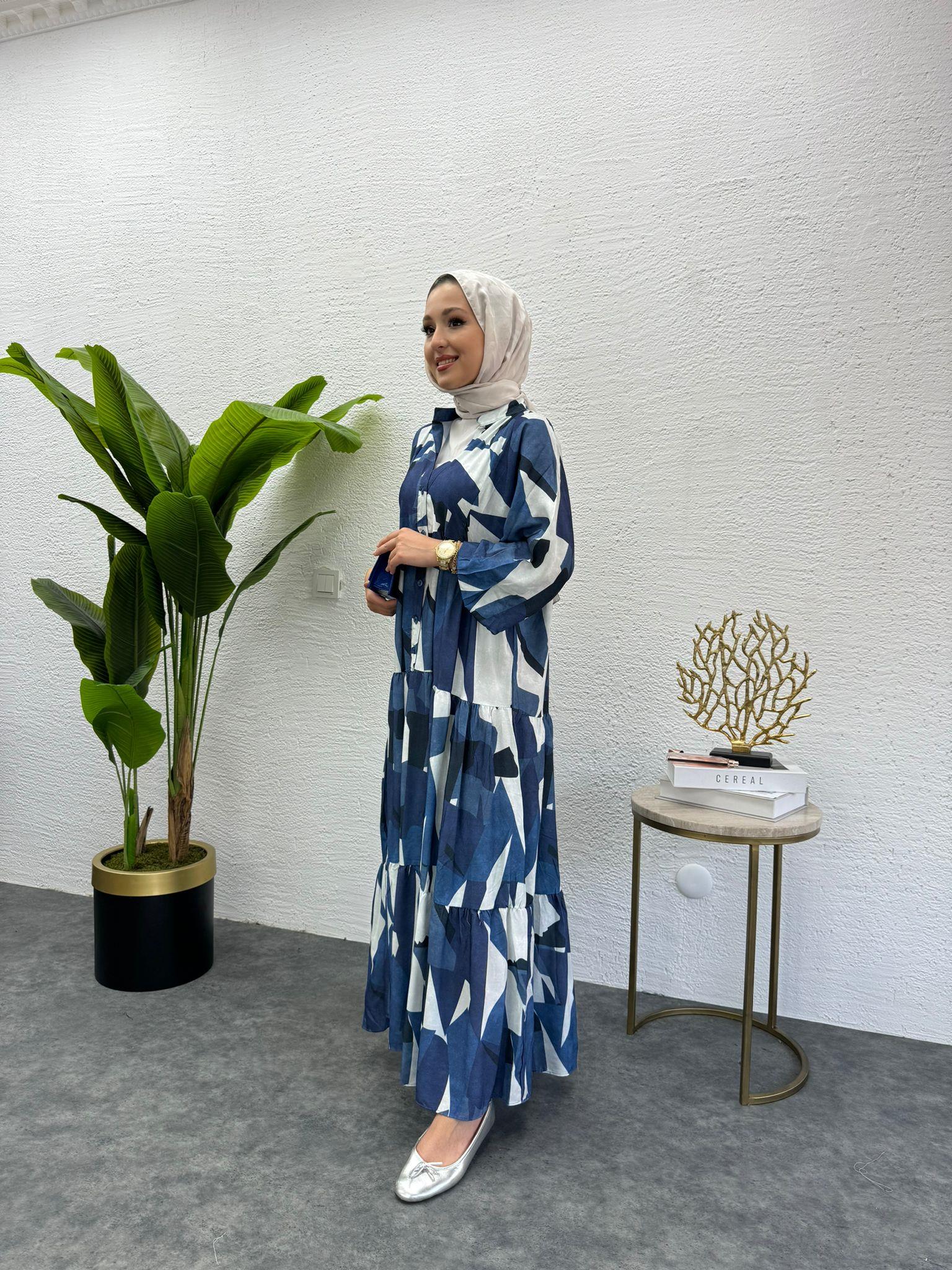 MEYSADESIGN ELBİSELER Desenli Viskon Elbise Mavi