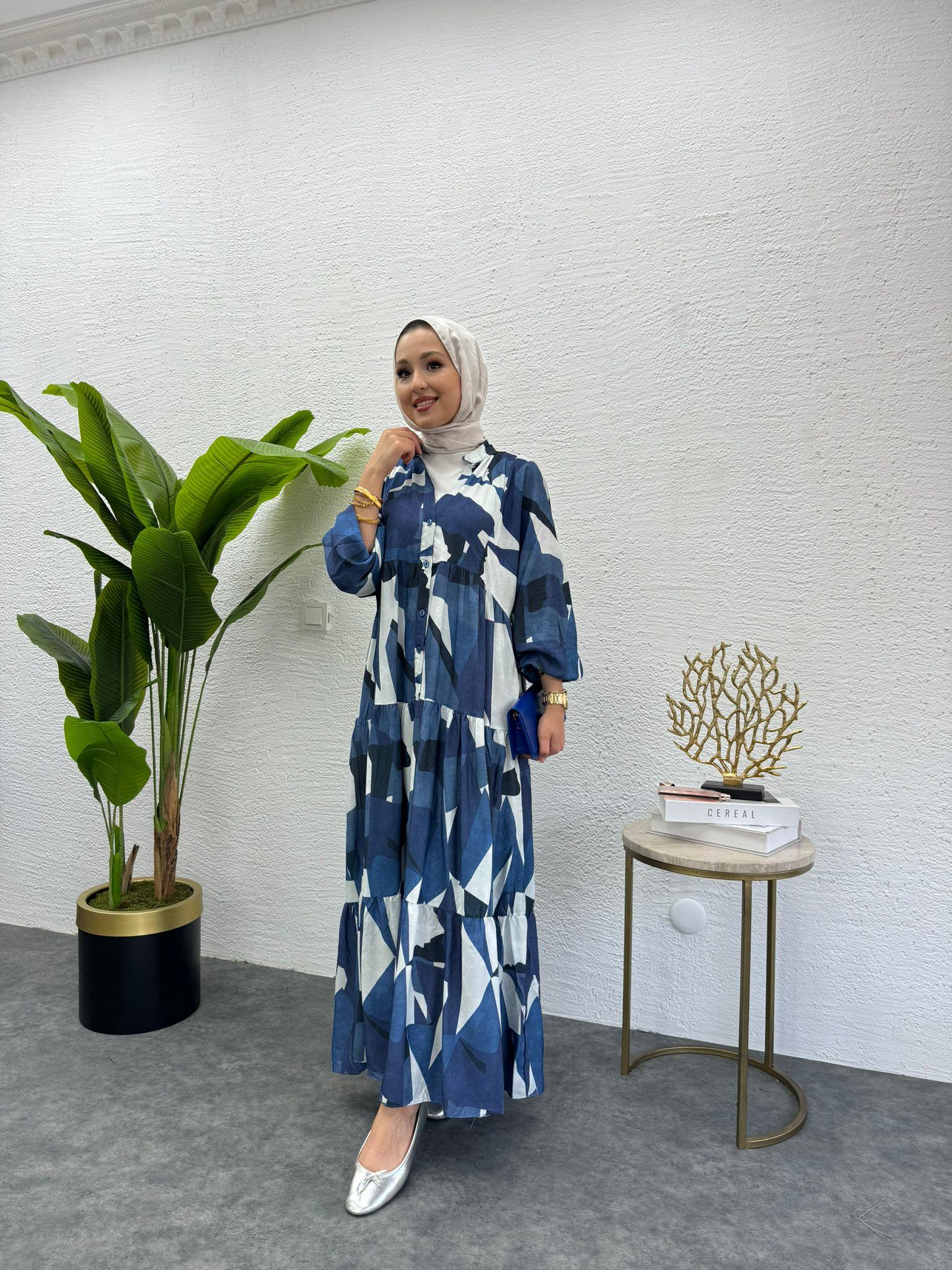 MEYSADESIGN ELBİSELER Desenli Viskon Elbise Mavi