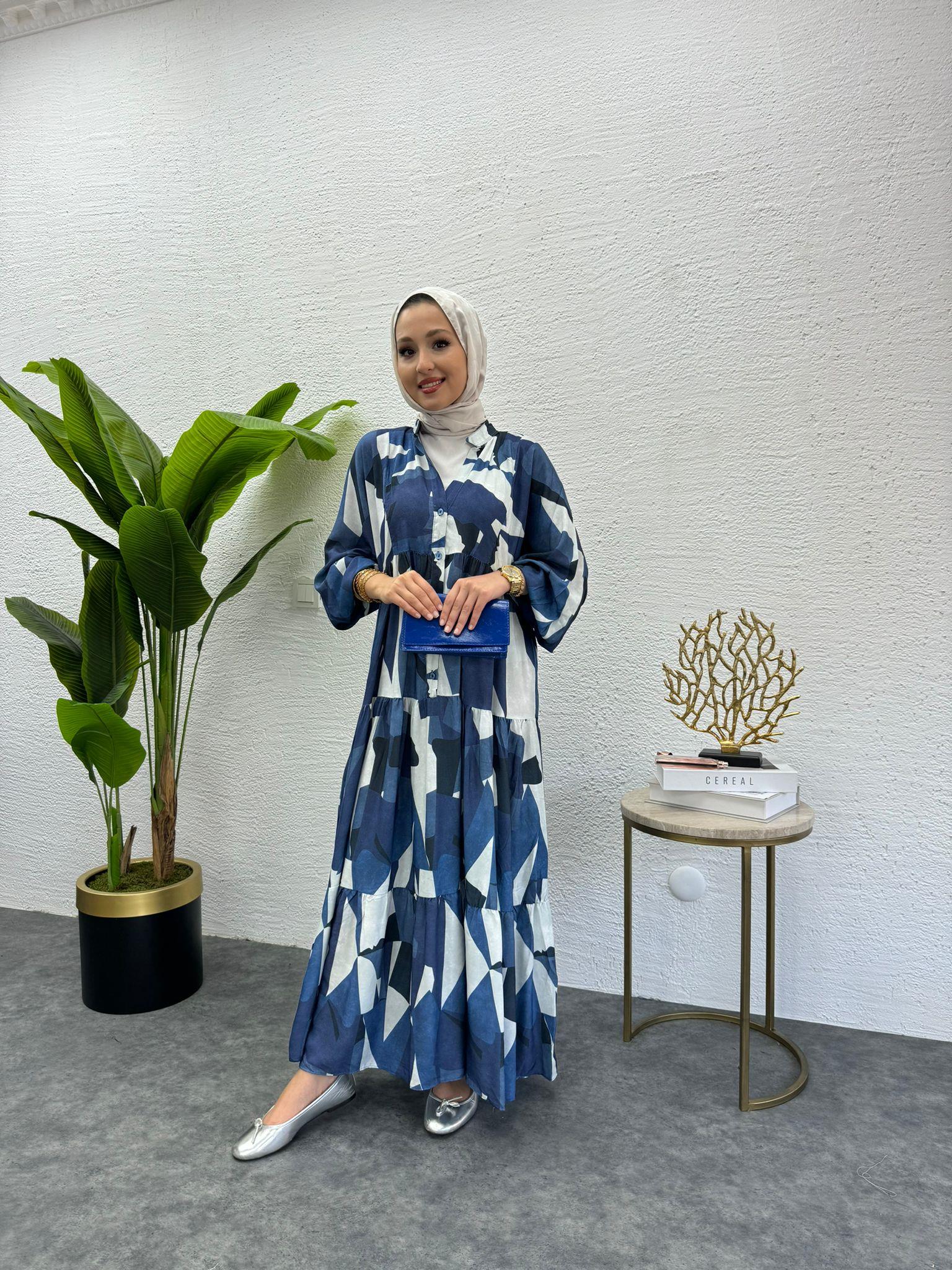 MEYSADESIGN ELBİSELER Desenli Viskon Elbise Mavi
