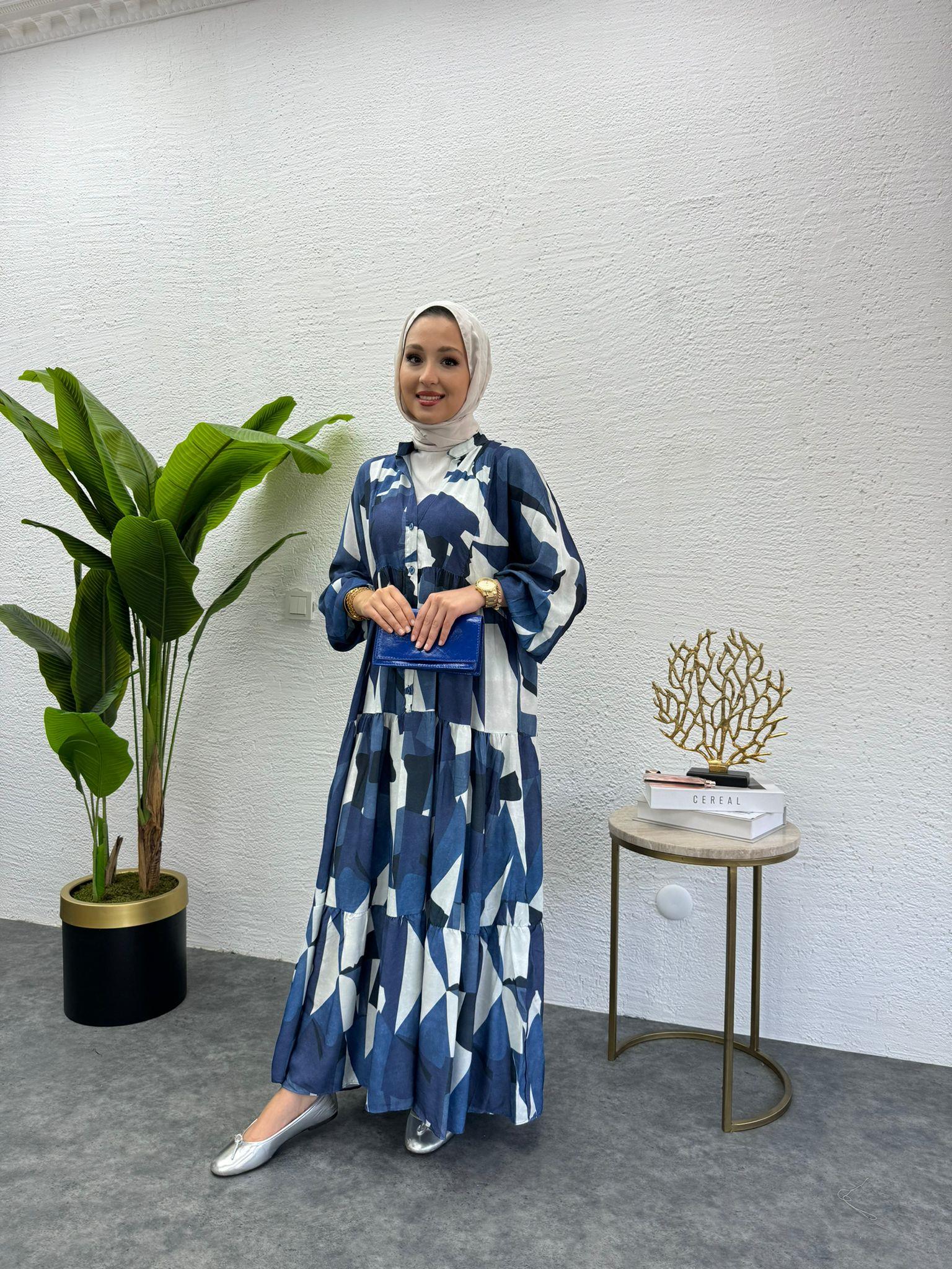 MEYSADESIGN ELBİSELER Desenli Viskon Elbise Mavi