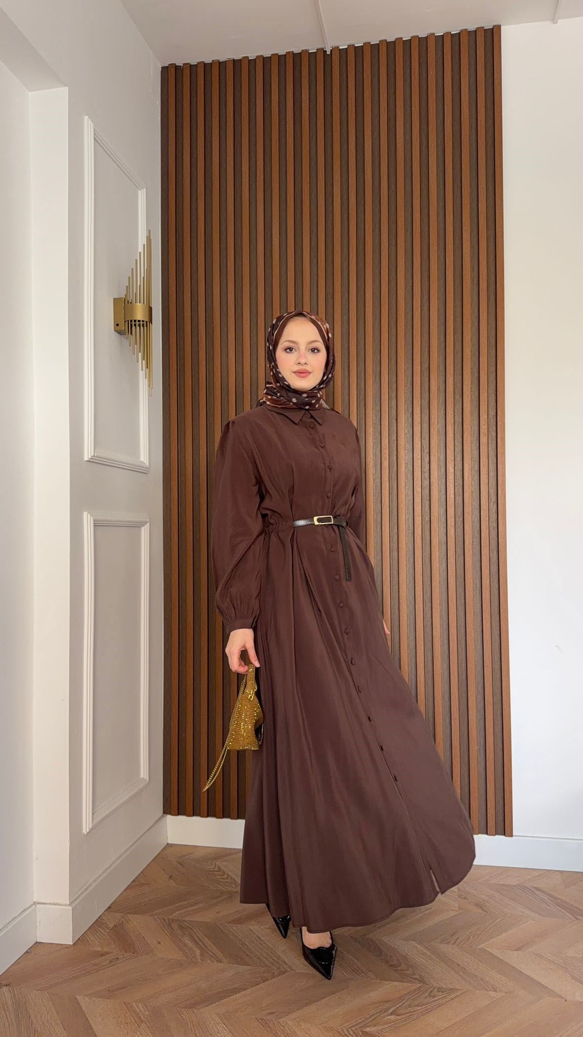 MEYSADESIGN ELBİSELER Dora Beli Kemerli Tensel Elbise Acı Kahve
