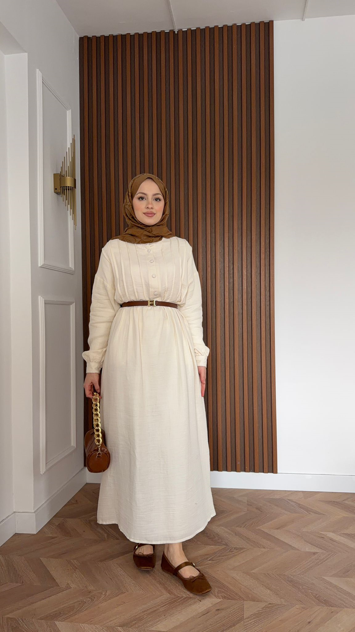 MEYSADESIGN DRESSES Erva Yarı Düğmeli Müslin Elbise Bej