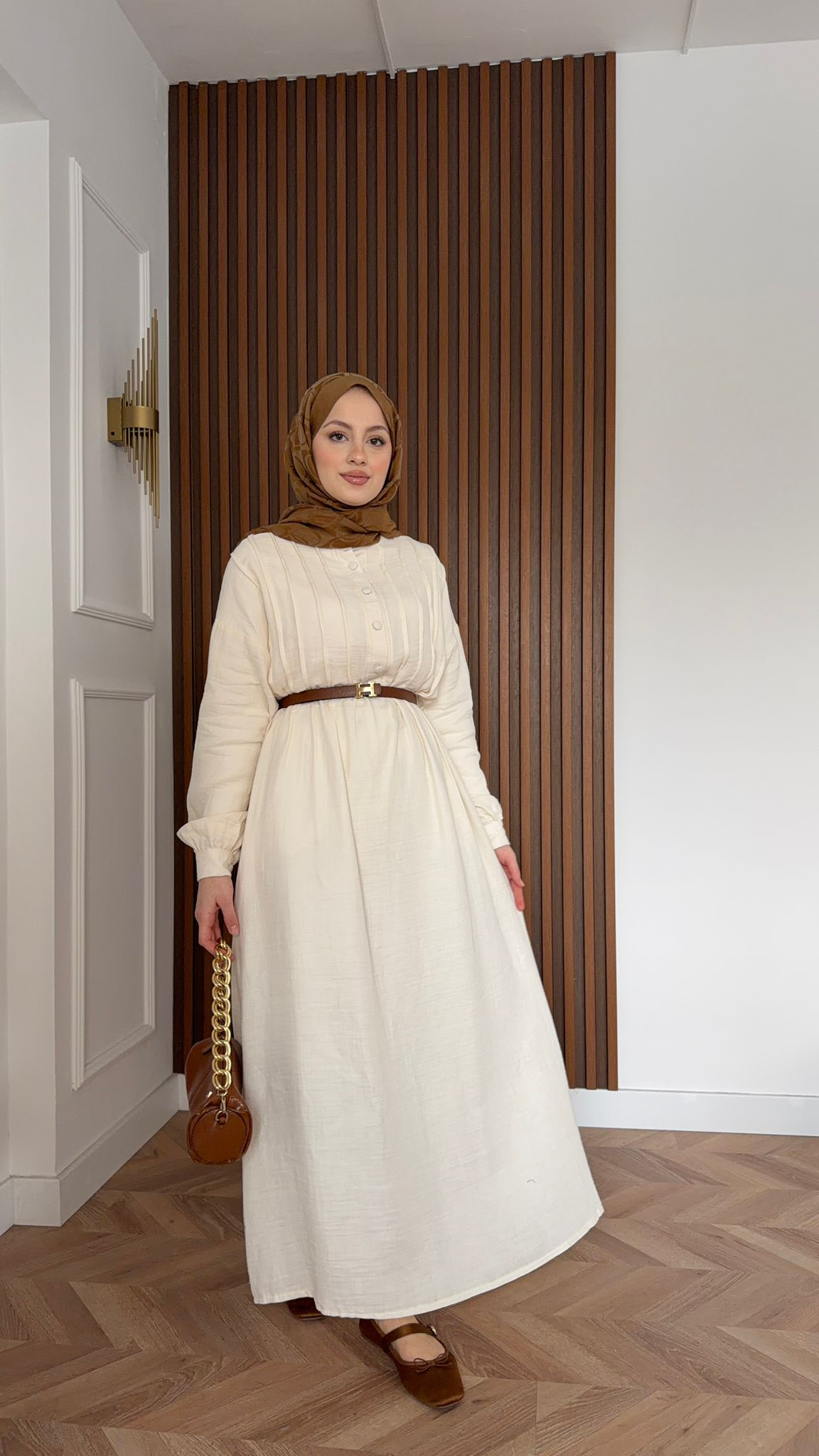 MEYSADESIGN DRESSES Erva Yarı Düğmeli Müslin Elbise Bej