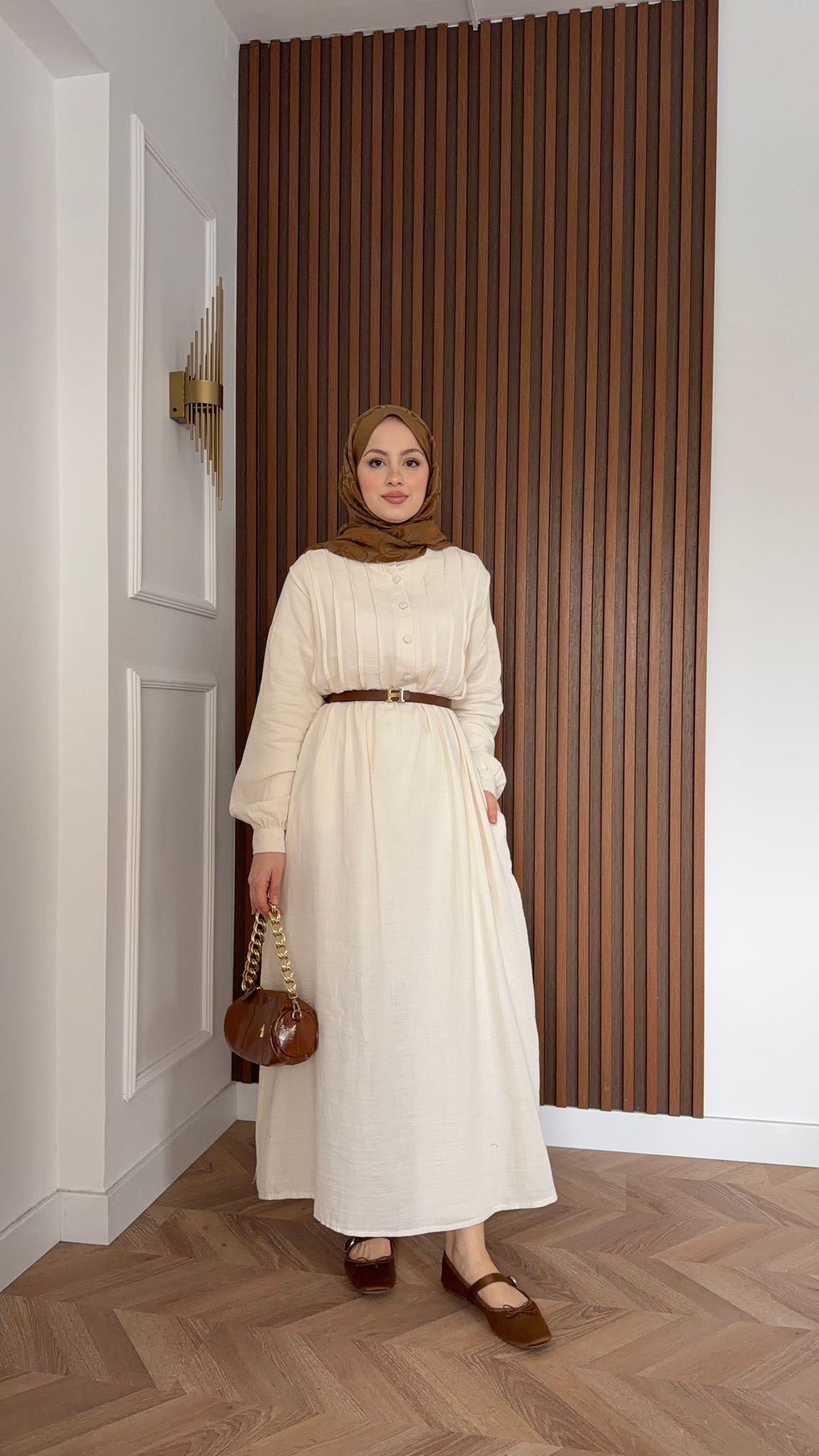 MEYSADESIGN DRESSES Erva Yarı Düğmeli Müslin Elbise Bej