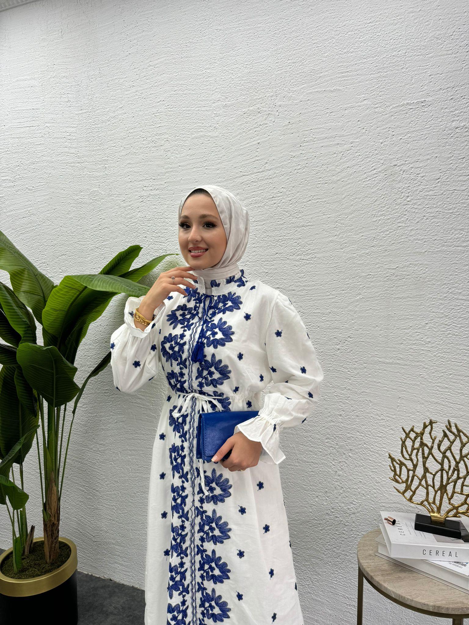 MEYSADESIGN ELBİSELER Etnik Desen İşlemeli Keten Elbise Mavi