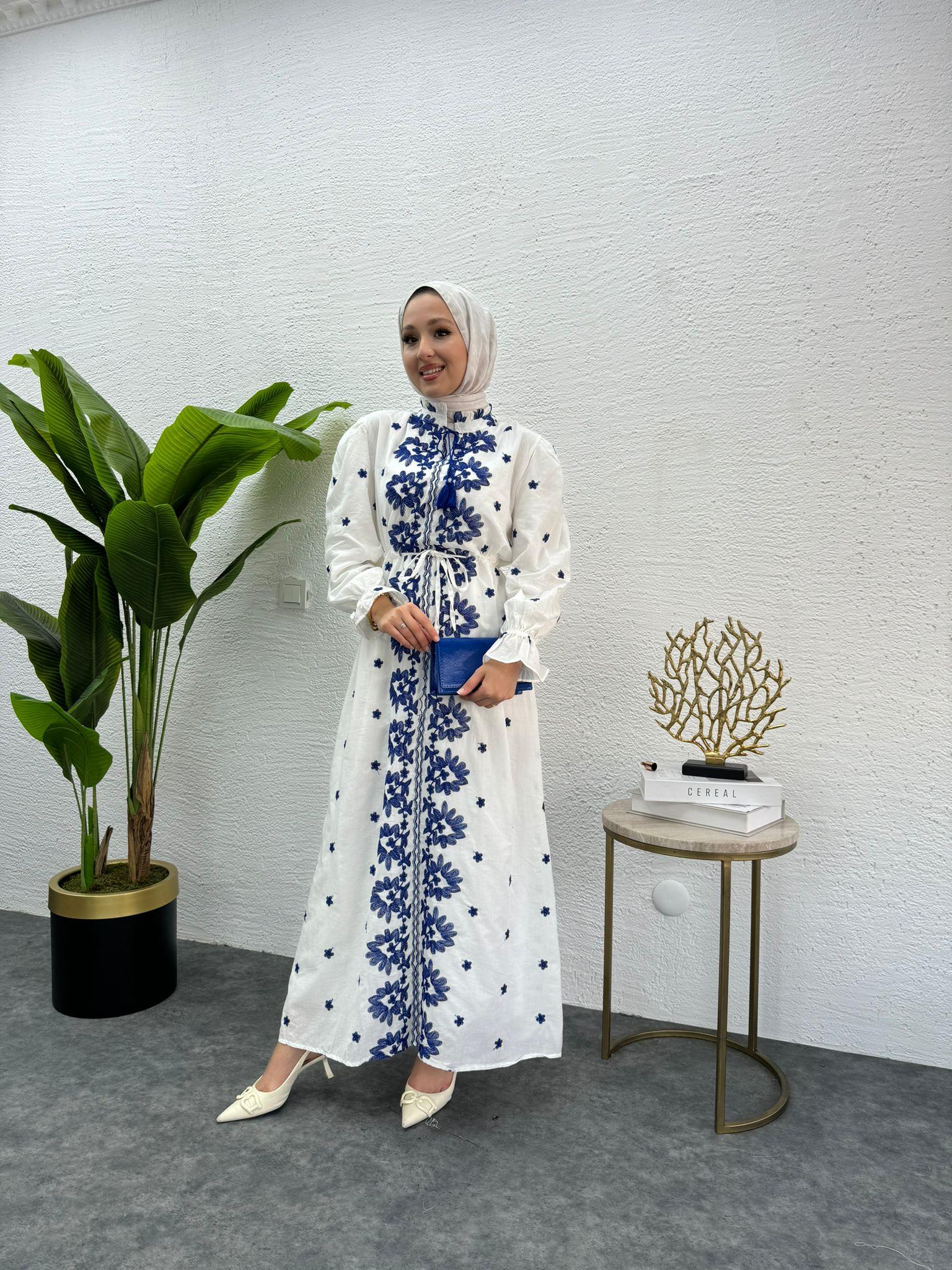 MEYSADESIGN ELBİSELER Etnik Desen İşlemeli Keten Elbise Mavi