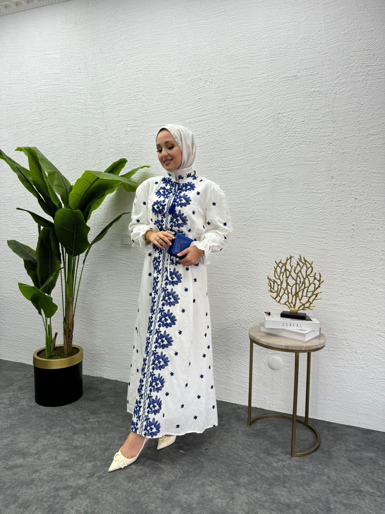 MEYSADESIGN ELBİSELER Etnik Desen İşlemeli Keten Elbise Mavi