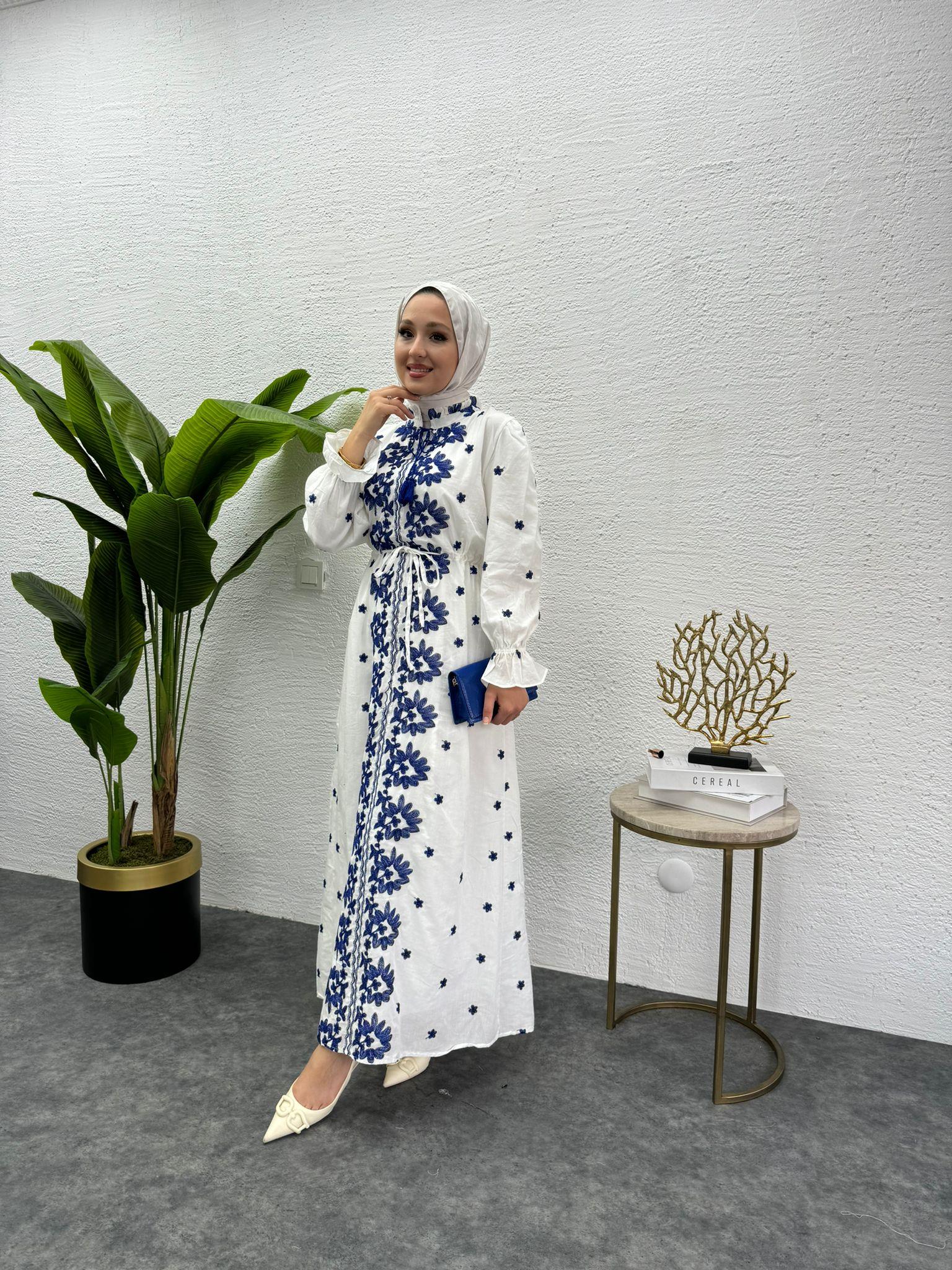 MEYSADESIGN ELBİSELER Etnik Desen İşlemeli Keten Elbise Mavi