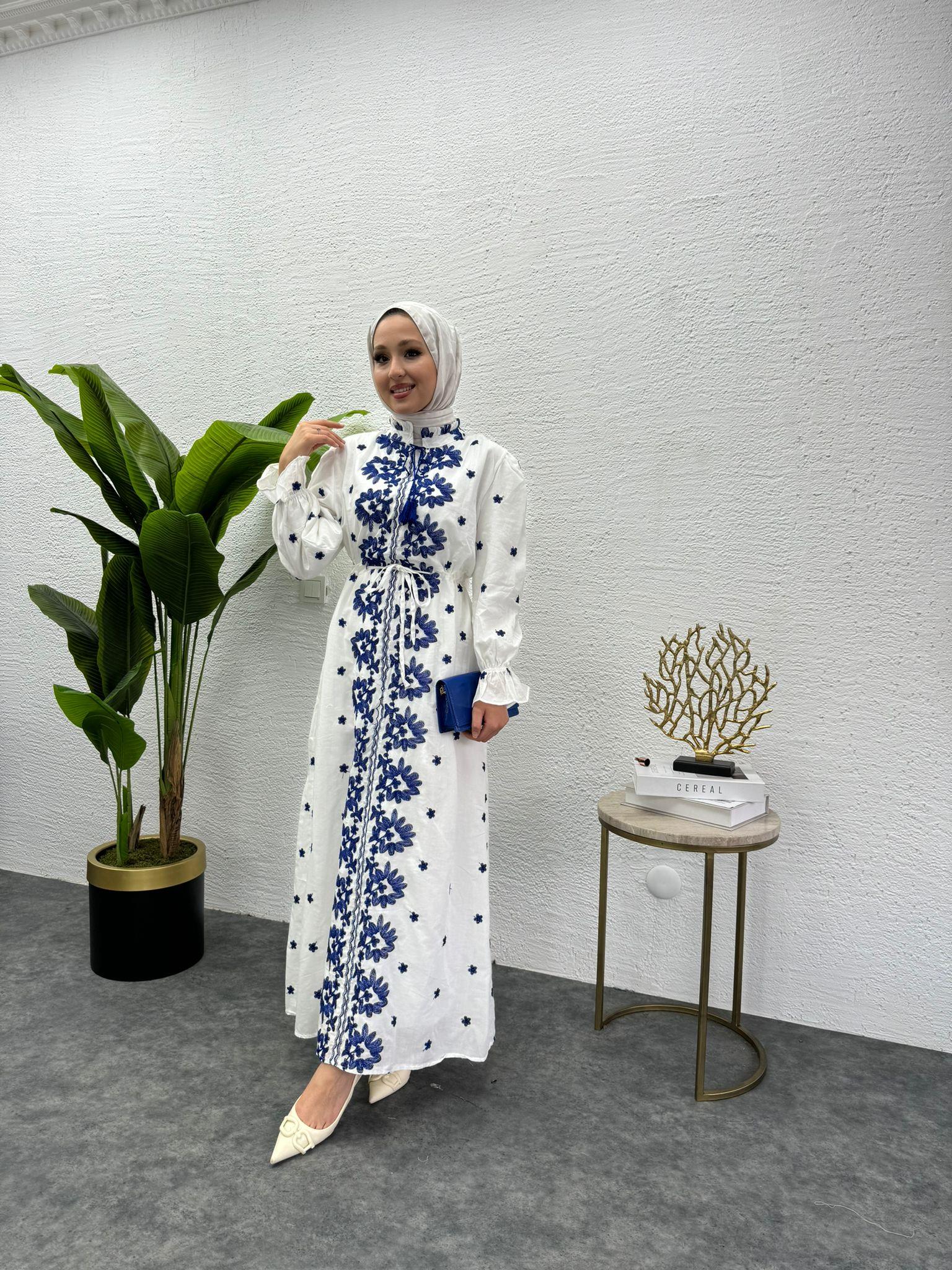 MEYSADESIGN ELBİSELER Etnik Desen İşlemeli Keten Elbise Mavi
