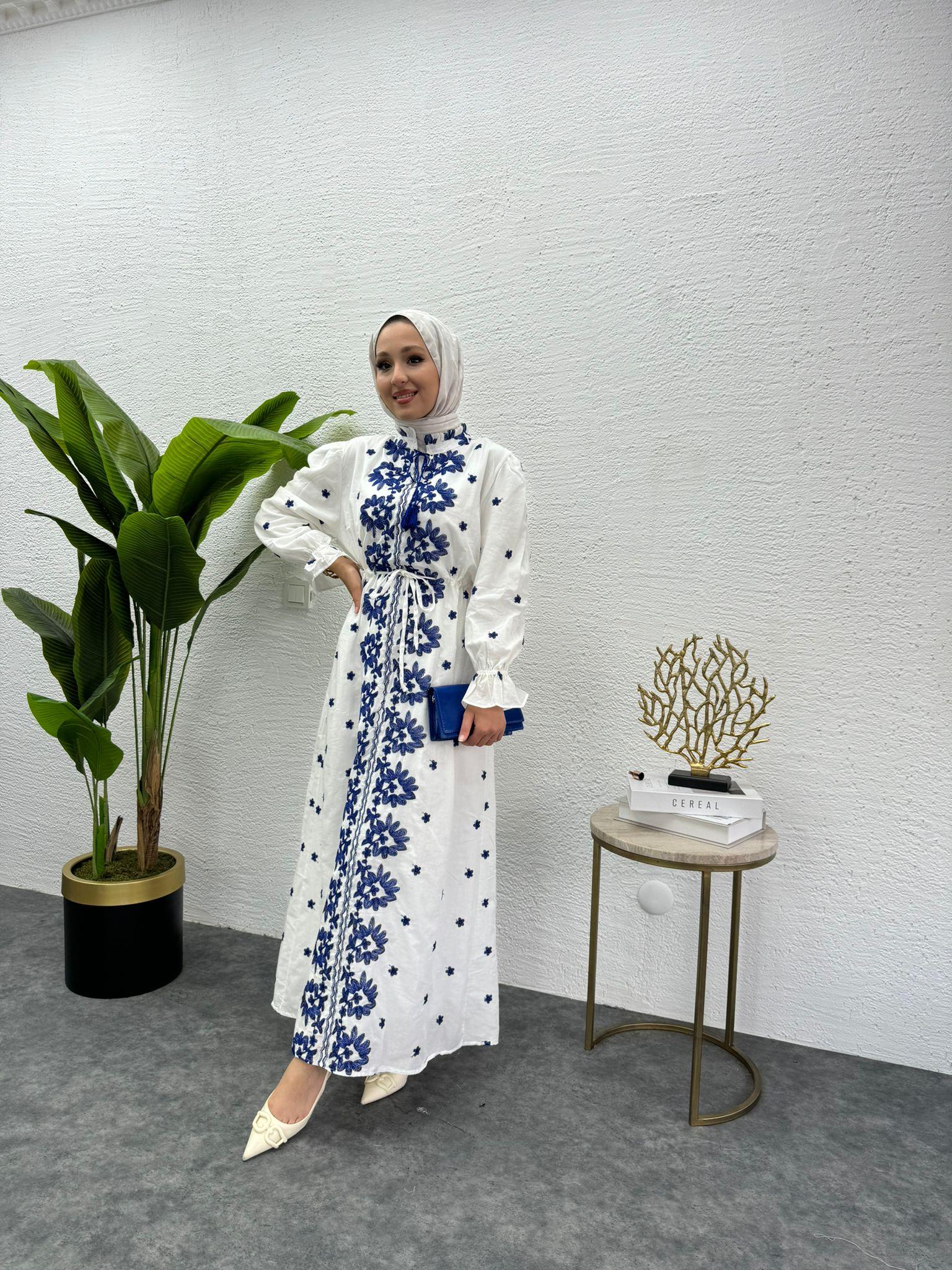 MEYSADESIGN ELBİSELER Etnik Desen İşlemeli Keten Elbise Mavi