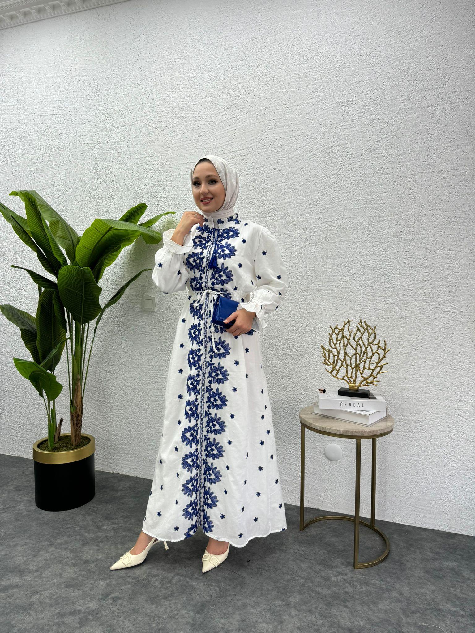 MEYSADESIGN ELBİSELER Etnik Desen İşlemeli Keten Elbise Mavi