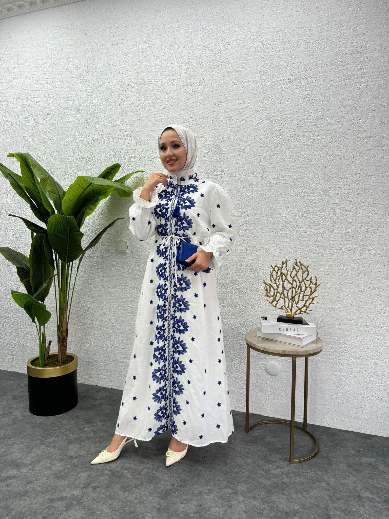 MEYSADESIGN ELBİSELER Etnik Desen İşlemeli Keten Elbise Mavi