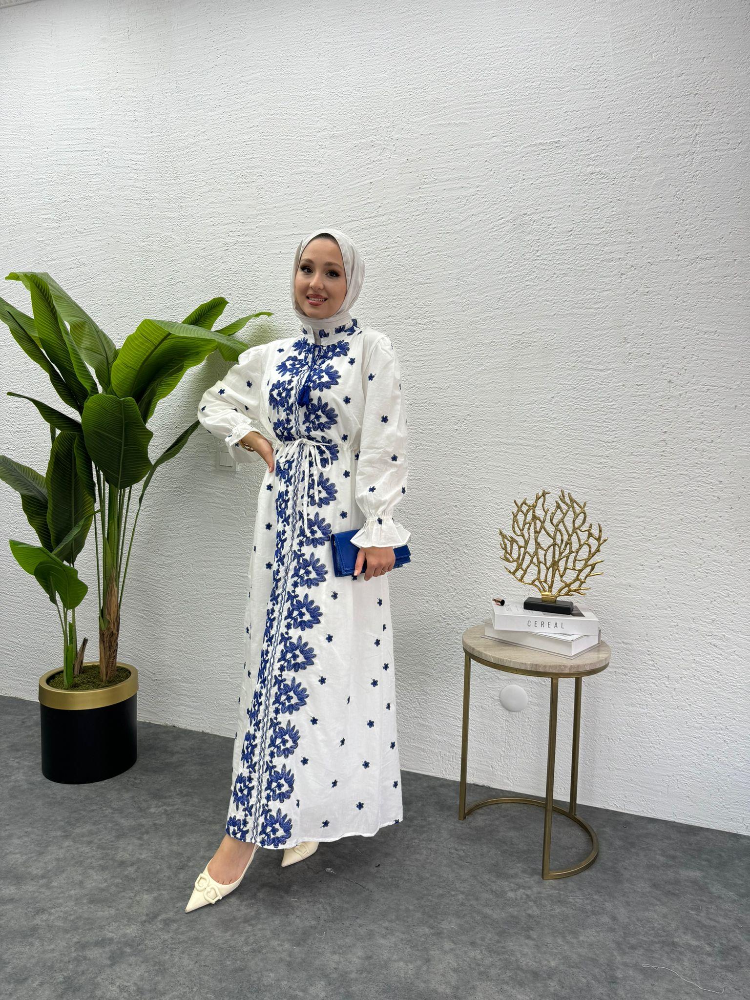 MEYSADESIGN ELBİSELER Etnik Desen İşlemeli Keten Elbise Mavi
