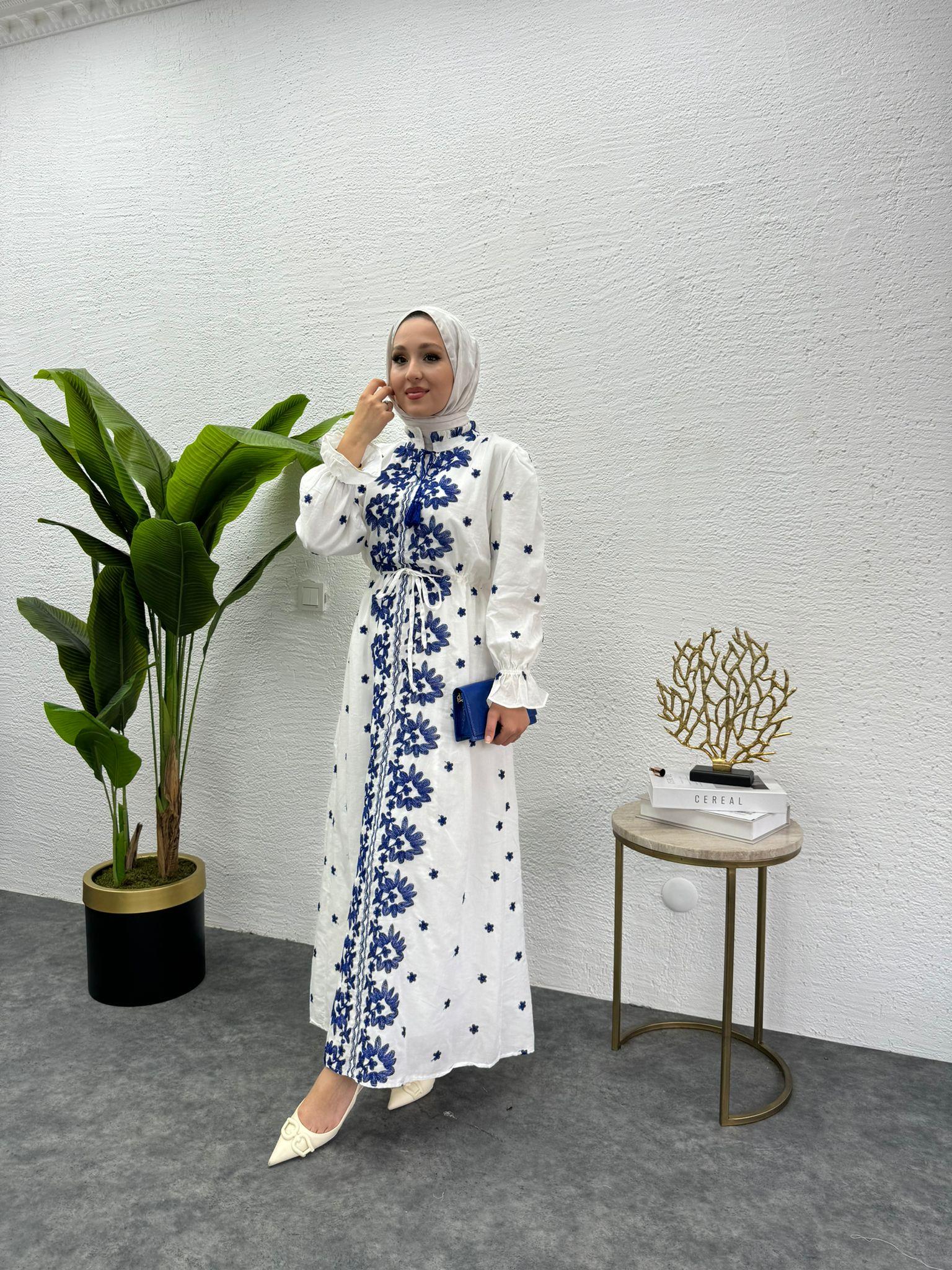 MEYSADESIGN ELBİSELER Etnik Desen İşlemeli Keten Elbise Mavi