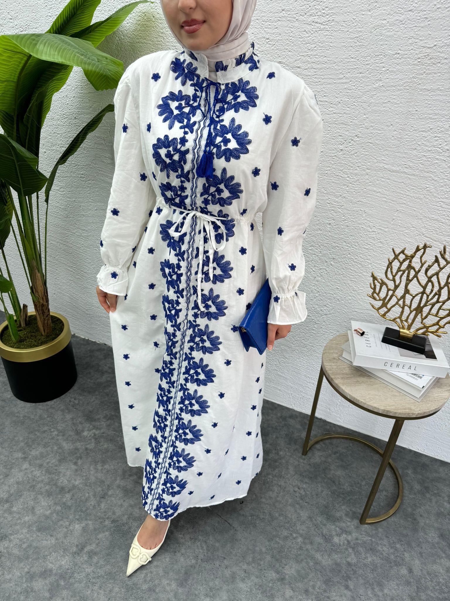 MEYSADESIGN ELBİSELER Etnik Desen İşlemeli Keten Elbise Mavi