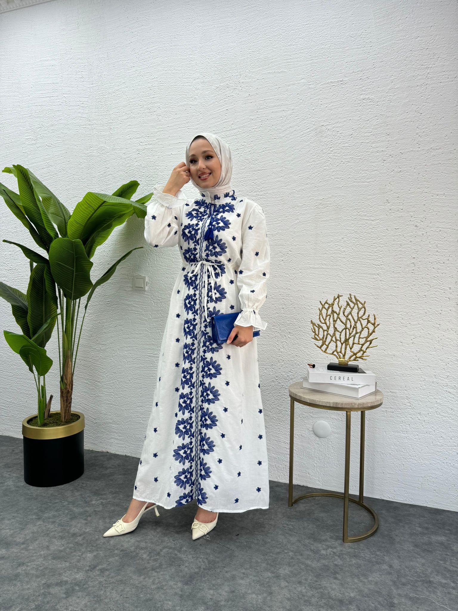 MEYSADESIGN ELBİSELER Etnik Desen İşlemeli Keten Elbise Mavi