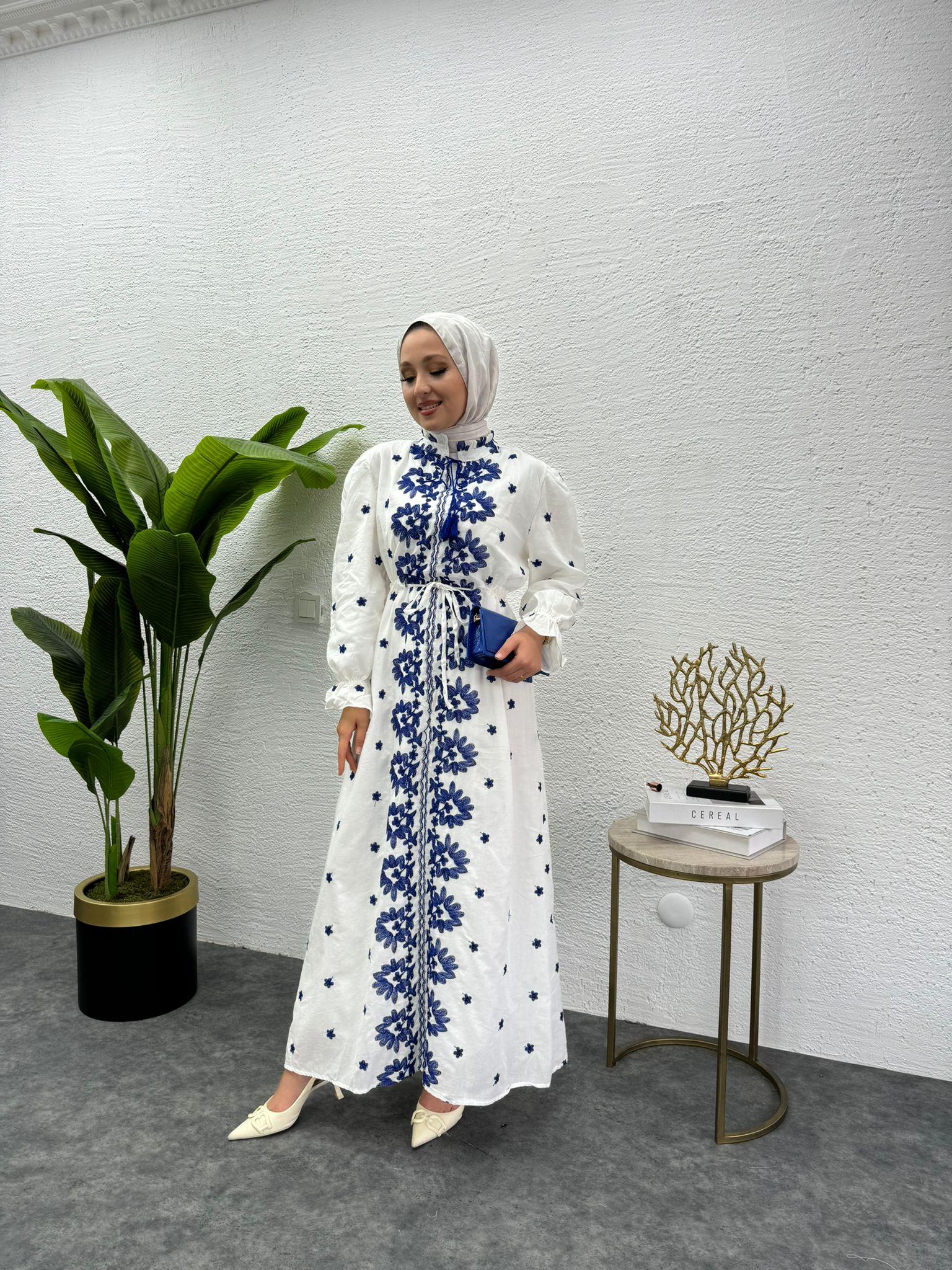 MEYSADESIGN ELBİSELER Etnik Desen İşlemeli Keten Elbise Mavi