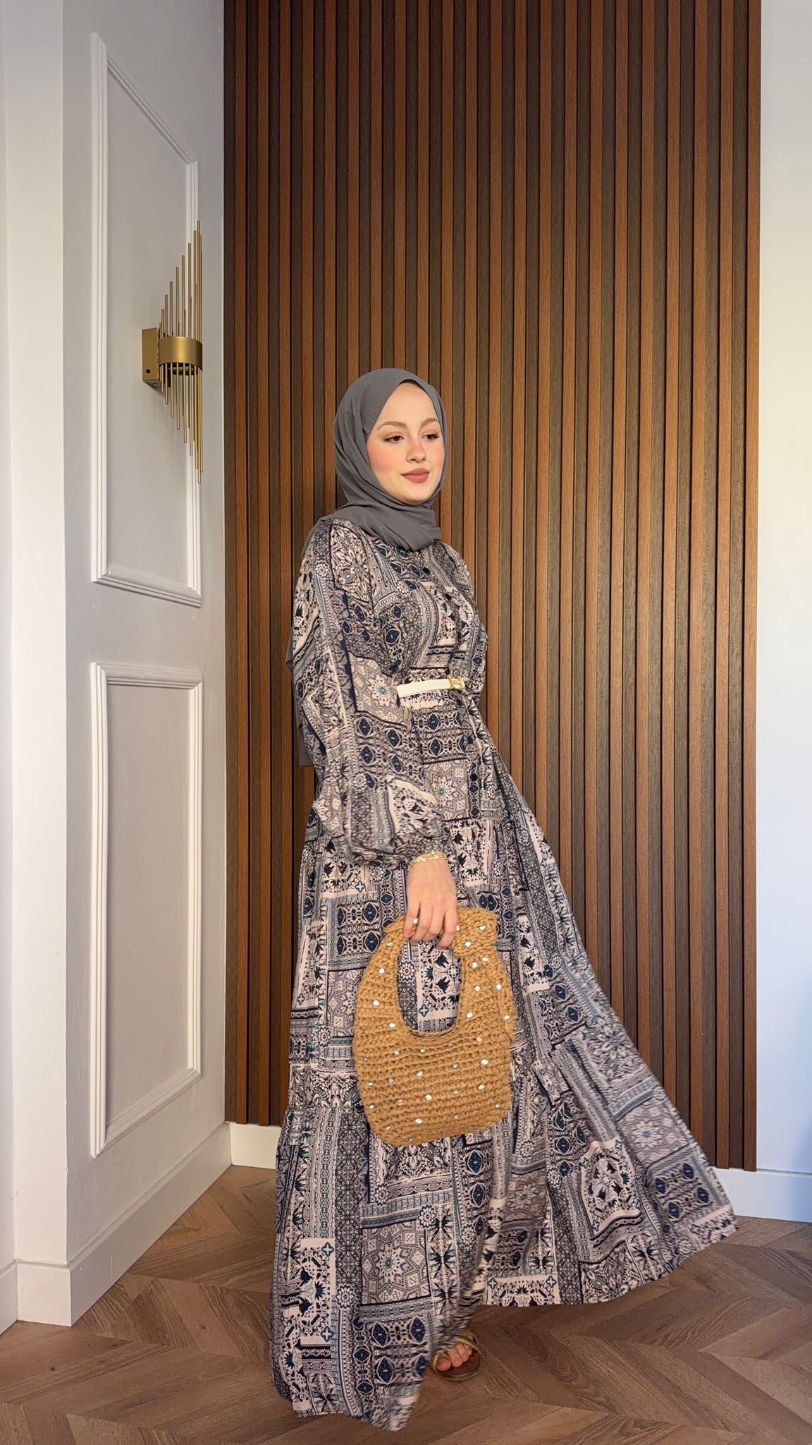 MEYSADESIGN ELBİSELER Etnik Desenli Pamuk Viskon Elbise Mavi