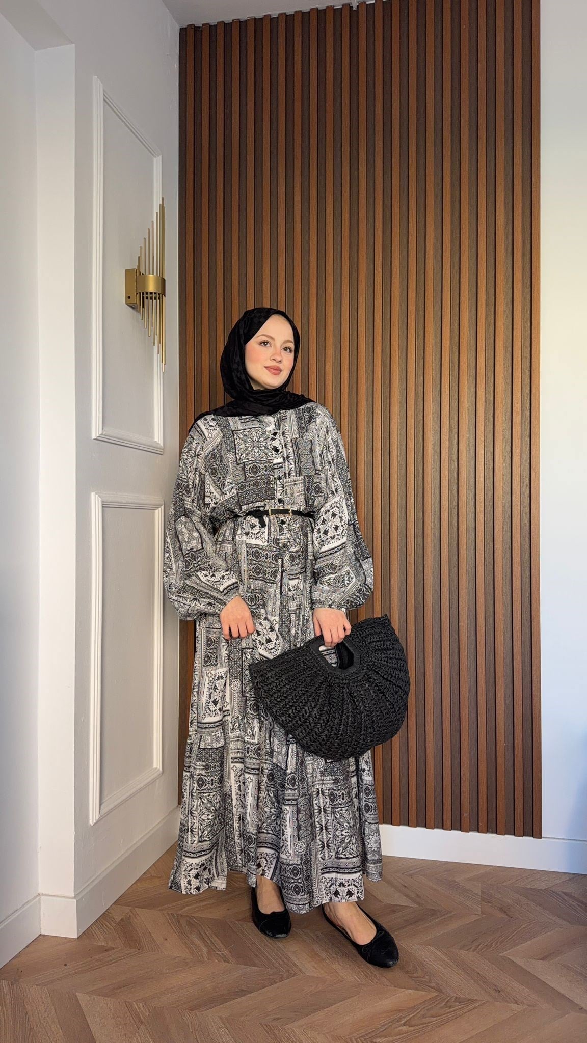 MEYSADESIGN ELBİSELER Etnik Desenli Pamuk Viskon Elbise Siyah