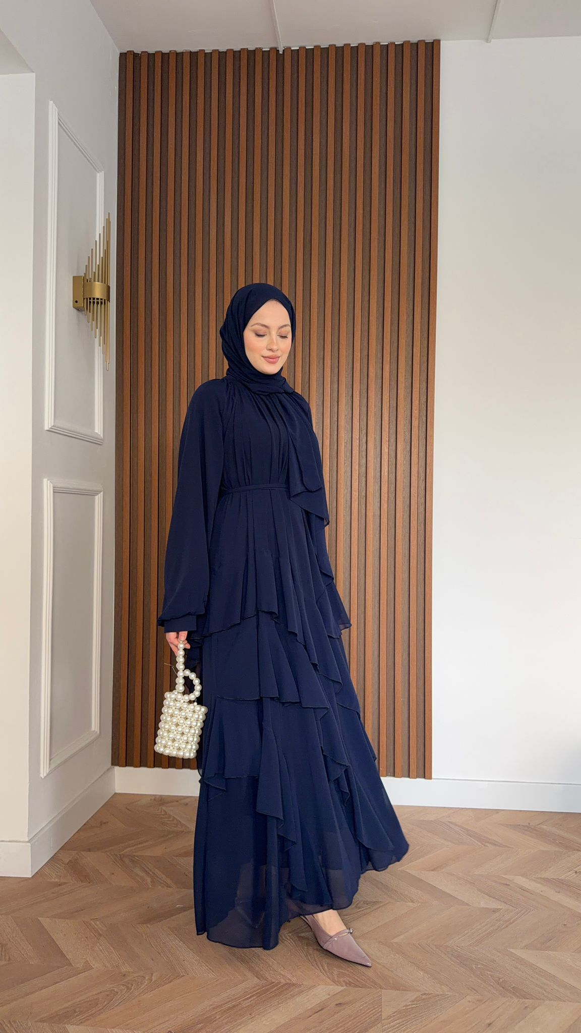 MEYSADESIGN DRESSES Feza Kat Detaylı Şifon Şallı Elbise Lacivert