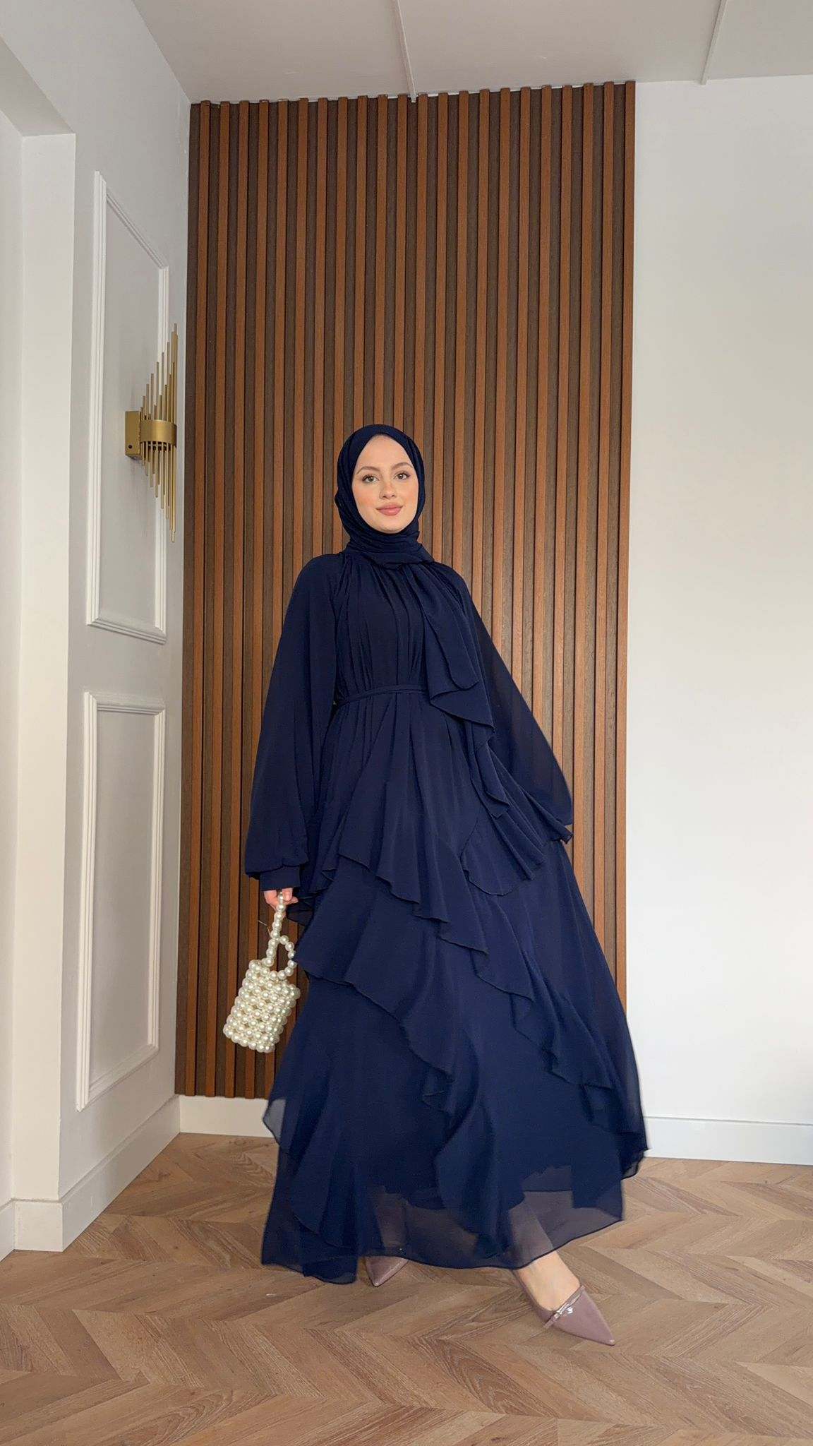 MEYSADESIGN DRESSES Feza Kat Detaylı Şifon Şallı Elbise Lacivert