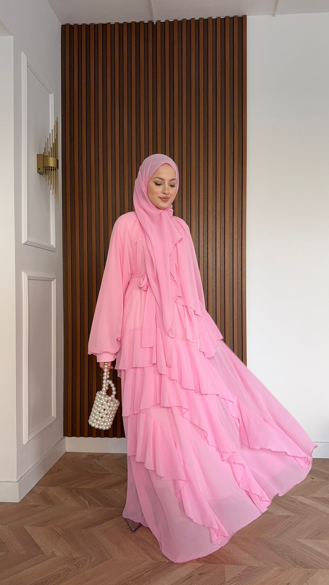 MEYSADESIGN DRESSES Feza Kat Detaylı Şifon Şallı Elbise Pembe