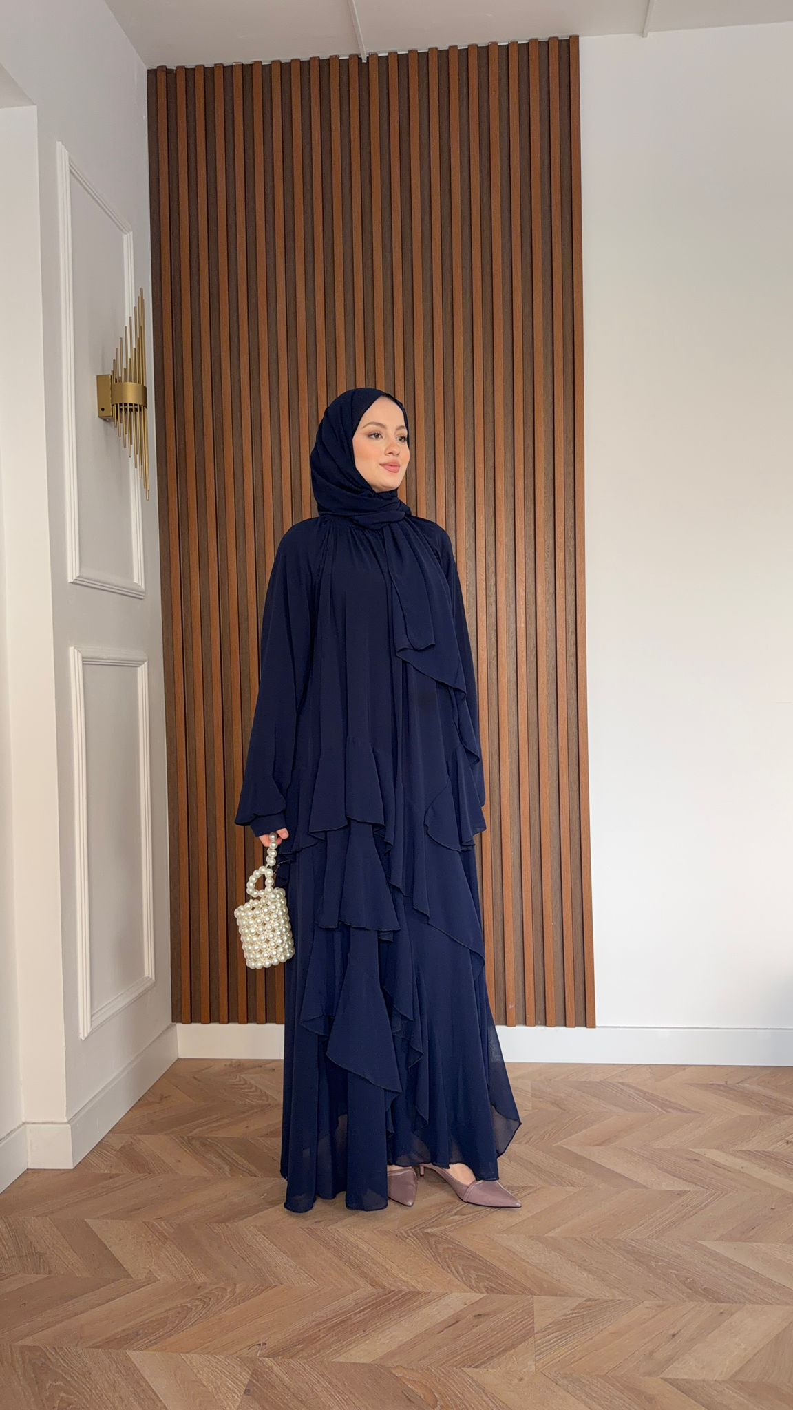 MEYSADESIGN DRESSES Feza Kat Detaylı Şifon Şallı Elbise Lacivert