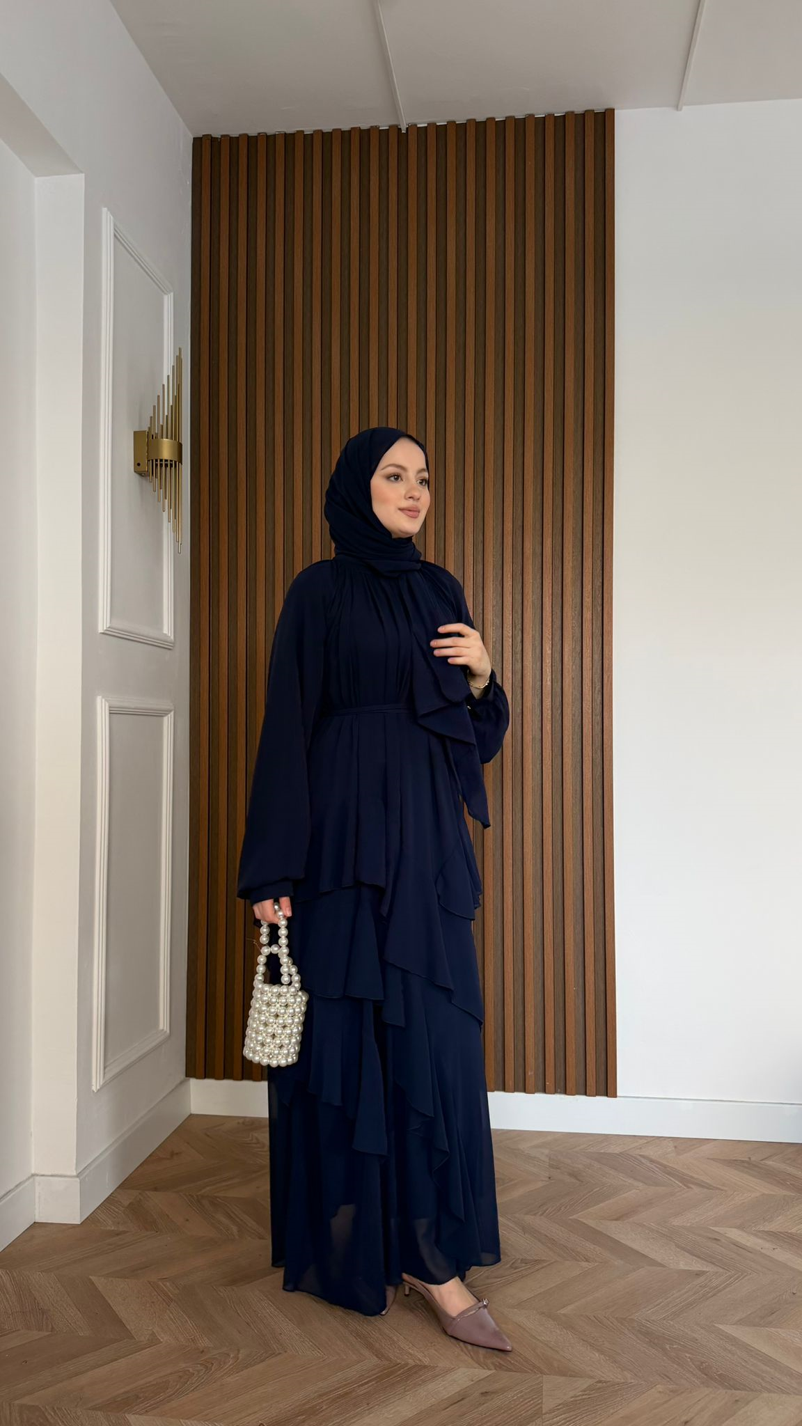 MEYSADESIGN DRESSES Feza Kat Detaylı Şifon Şallı Elbise Lacivert